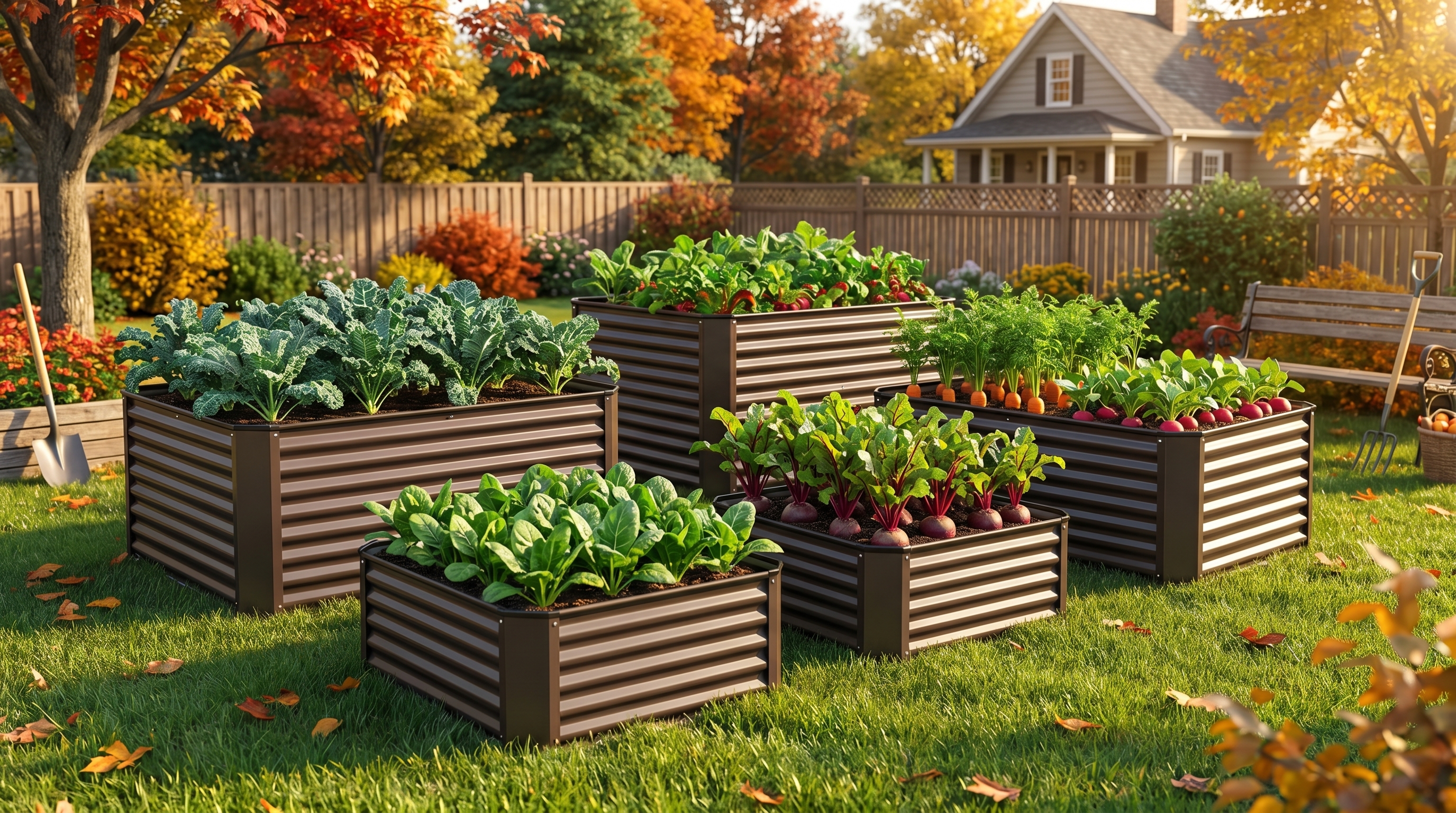Raised garden beds filled with colorful fall crops including kale, beets, and spinach in a residential backyard