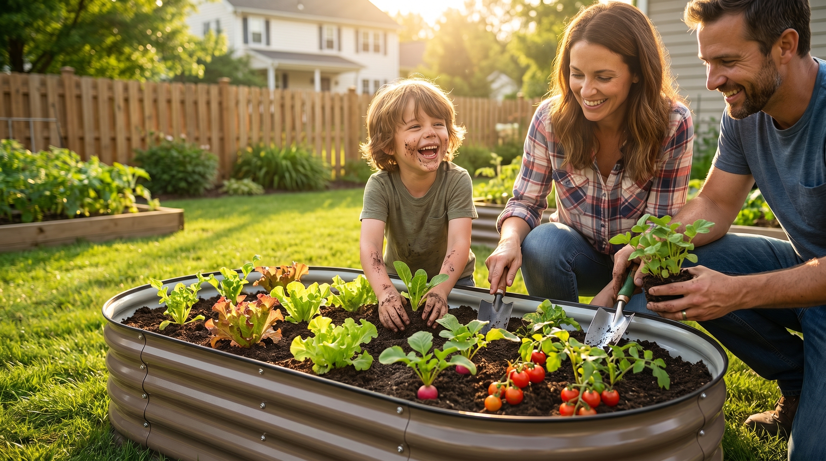 A child planting vegetables in a raised garden bed with colorful seedlings and garden tools