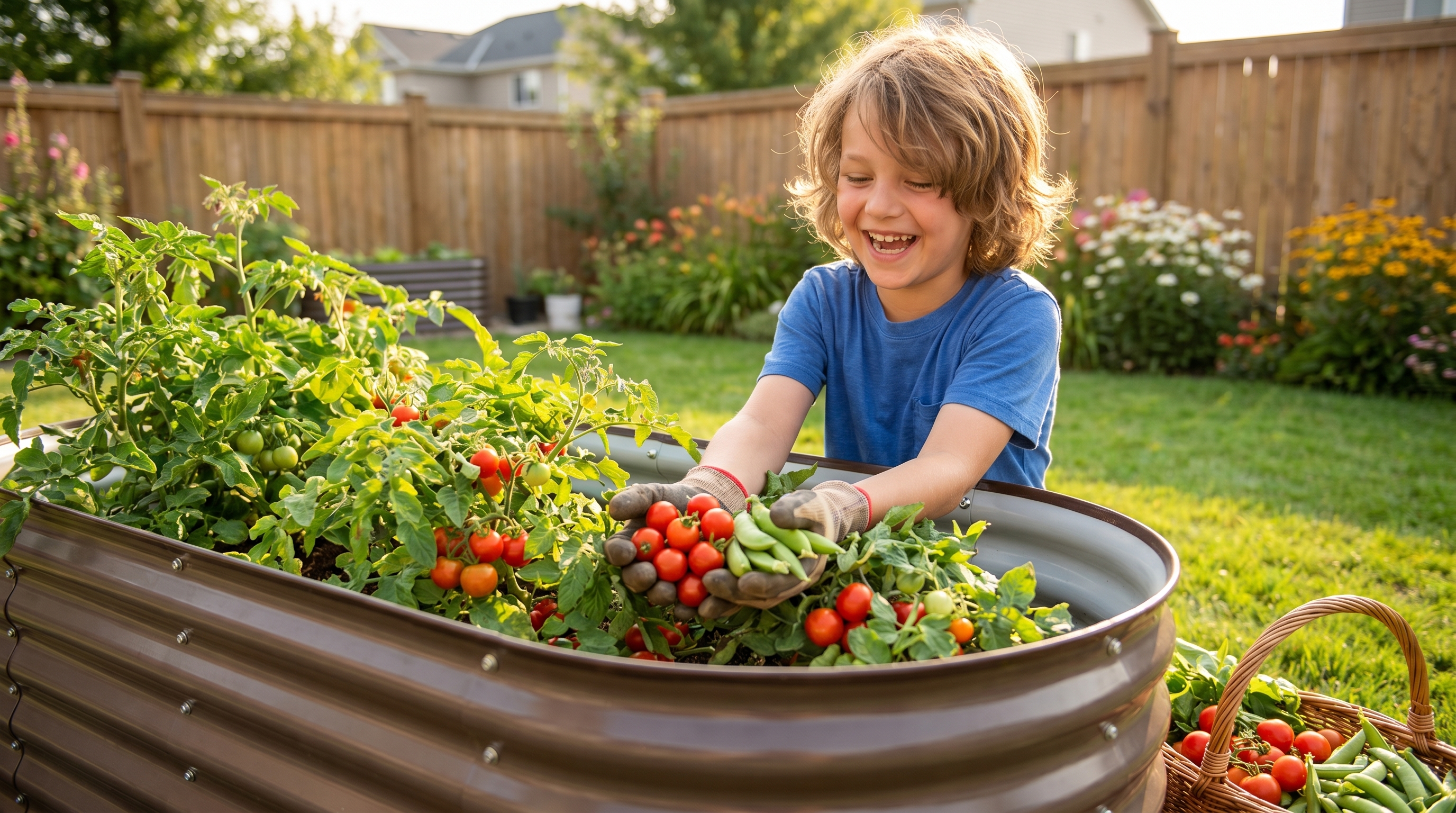 Cherry tomatoes and snap peas growing in an Anleolife raised garden bed tended by a child