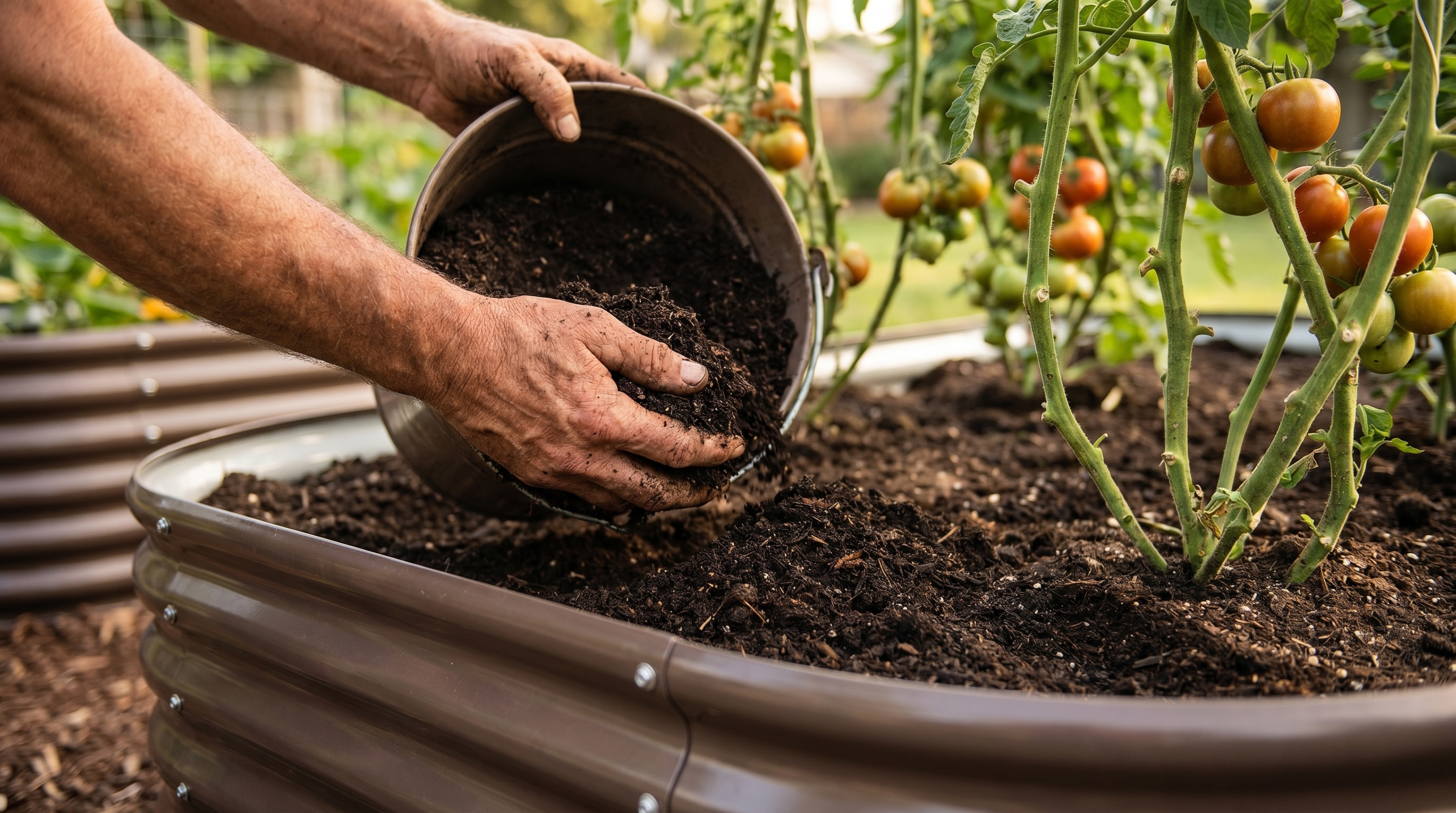 Hands applying rich compost as top-dressing between tomato plants in a galvanized steel raised garden bed