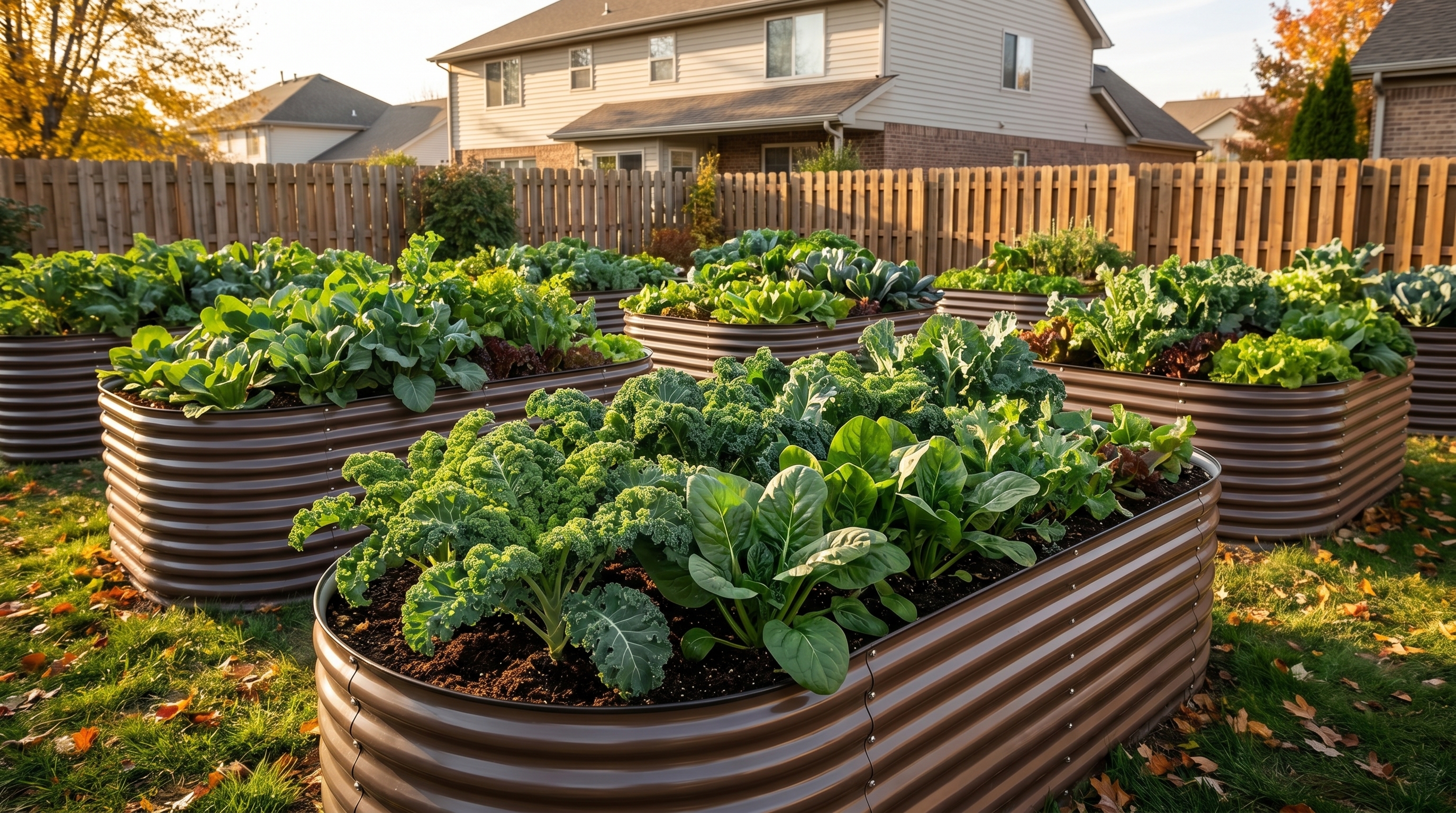 A lush fall garden with raised beds filled with kale, spinach, and root vegetables ready for cool-season harvest