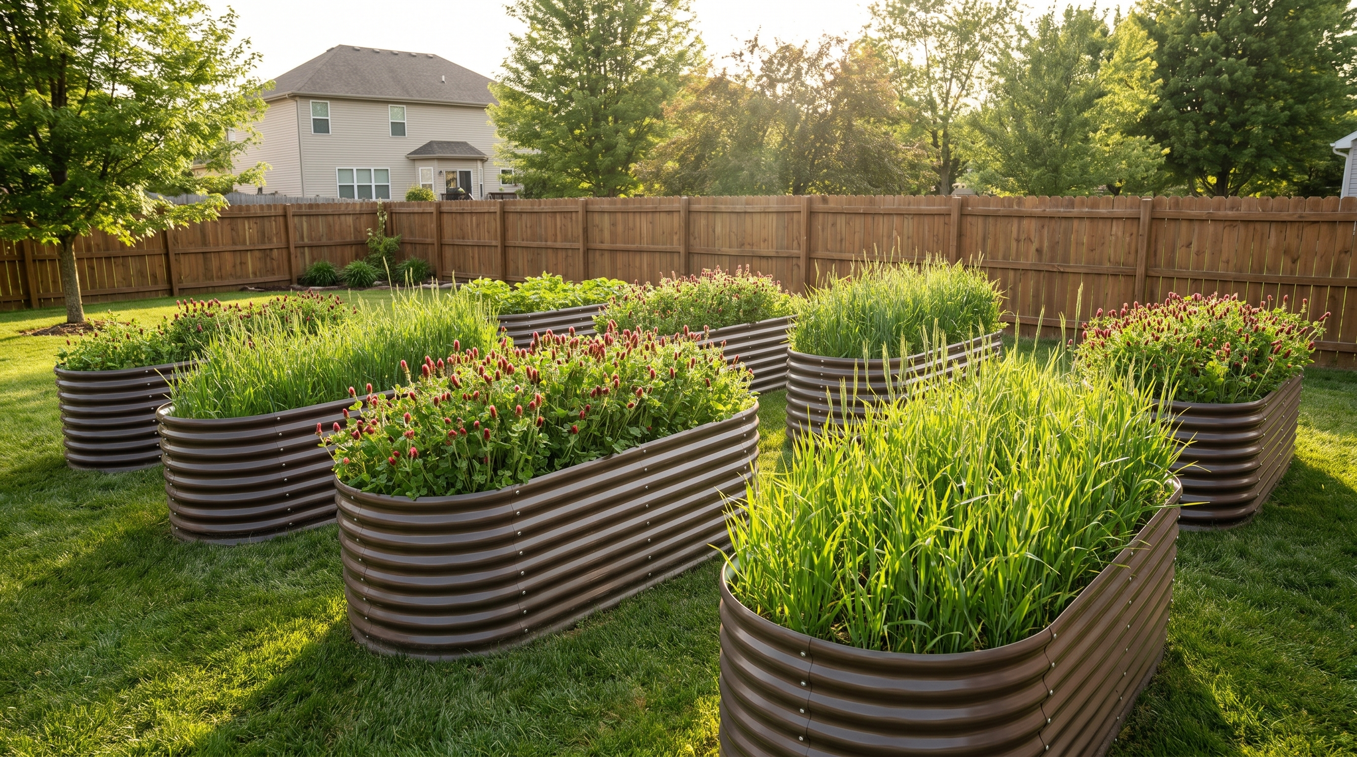 Cover image showing cover crops growing in galvanized steel raised garden beds between growing seasons