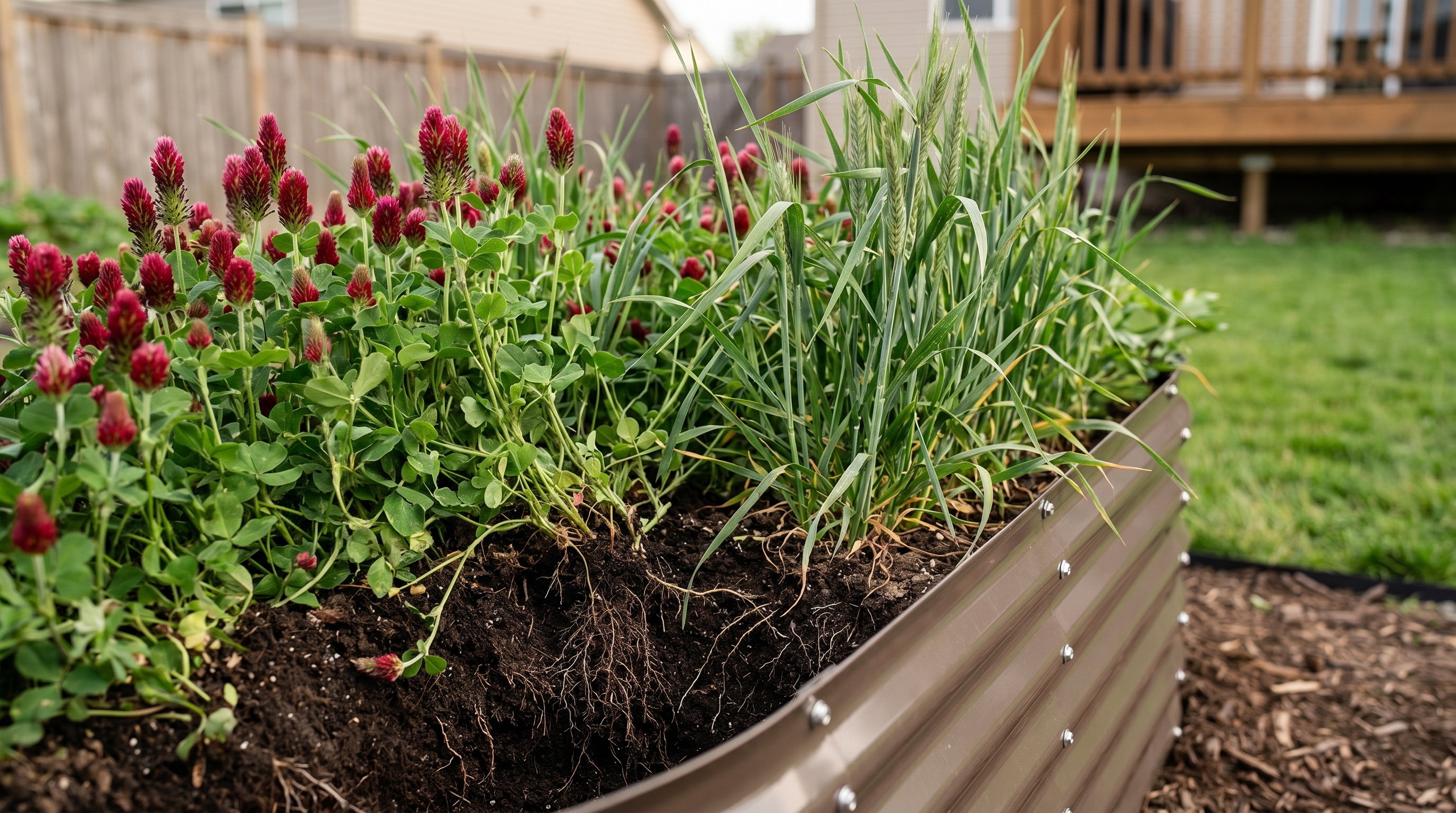 Crimson clover and winter rye cover crops growing densely in a raised metal garden bed with visible root structure