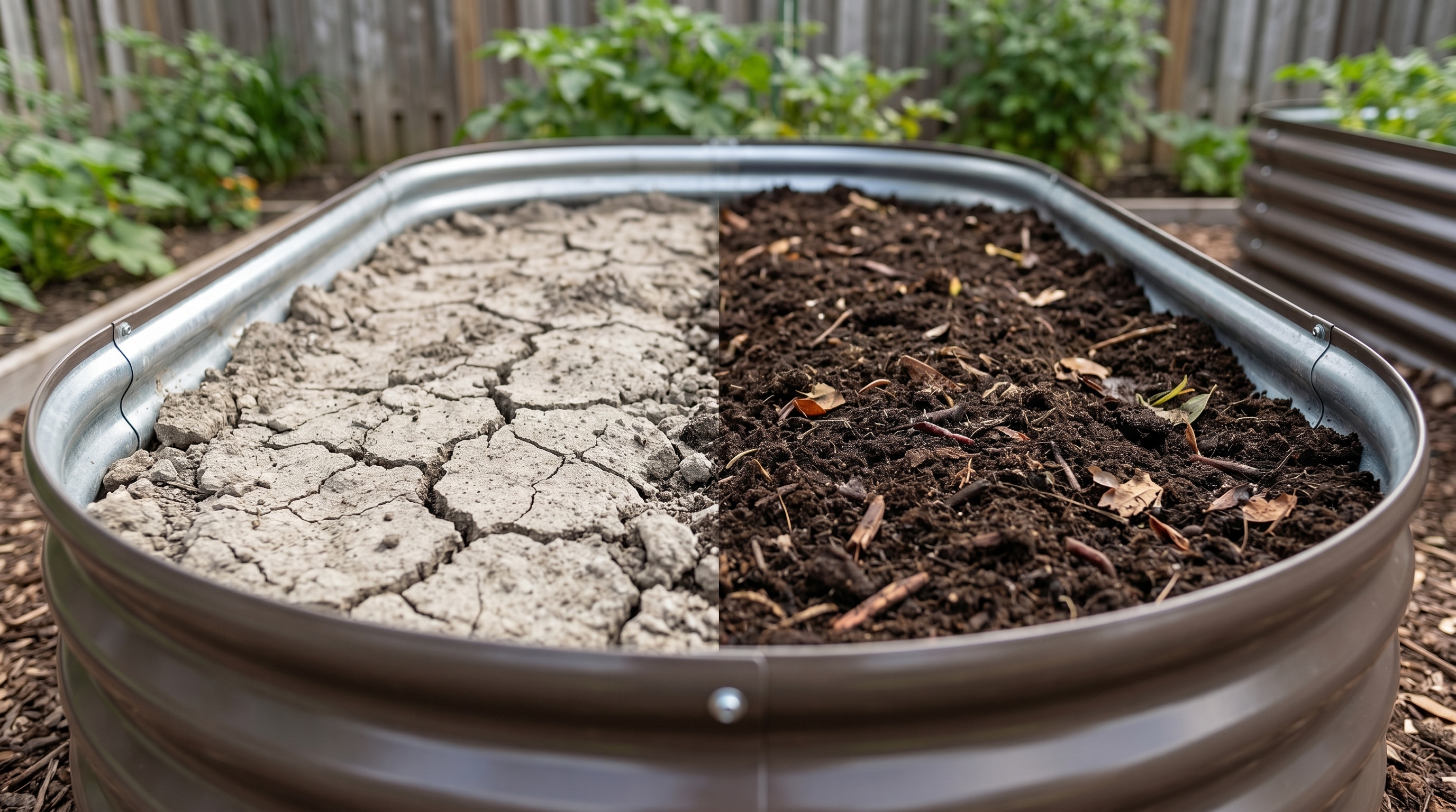 Healthy vs depleted raised bed soil comparison showing nutrient-rich dark soil beside pale exhausted garden soil