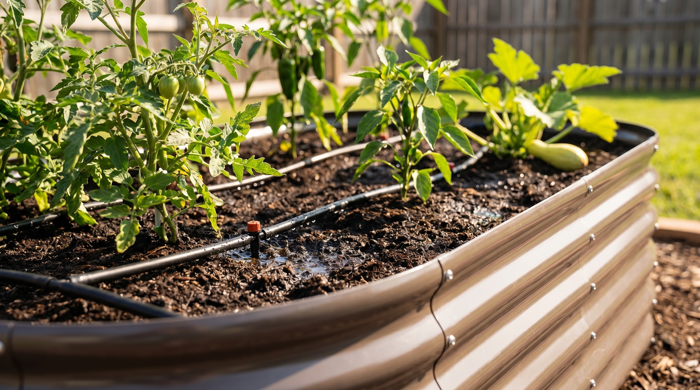 Drip irrigation emitters delivering water directly to plant roots in a galvanized steel raised garden bed during hot summer afternoon