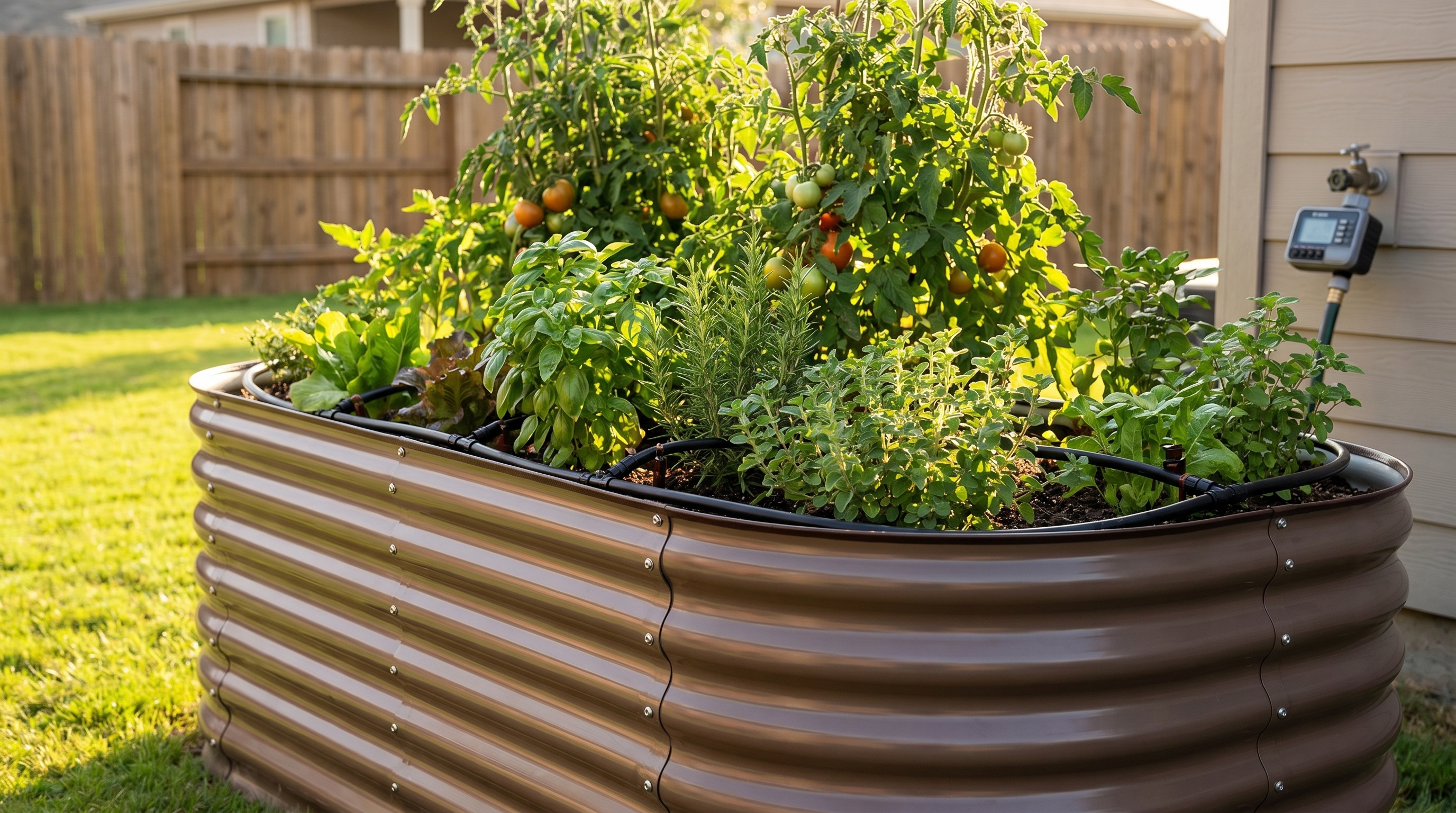 A drip irrigation system automatically watering raised metal garden beds in a sunny backyard