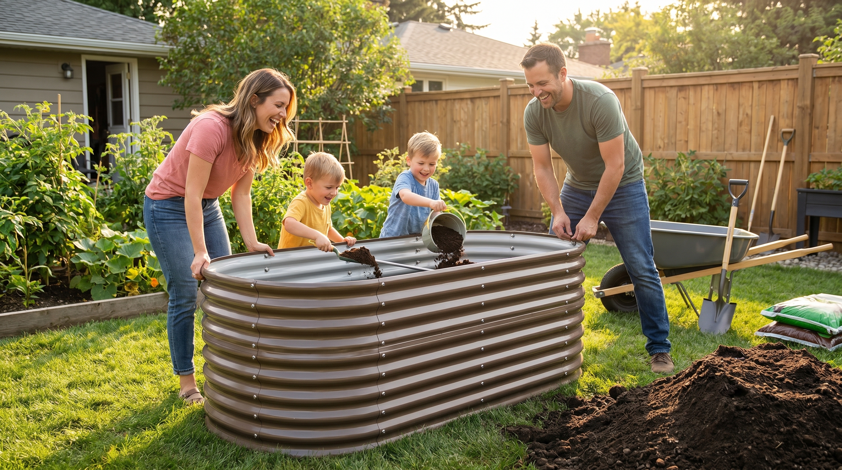 Family assembling an Anleolife raised garden bed together in a sunny backyard, with children helping fill the bed with soil