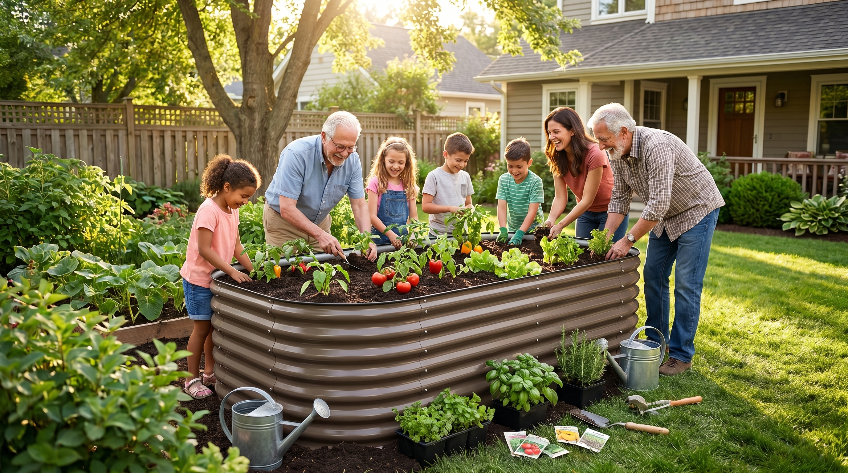 A family working together in a raised garden bed, planting vegetables and herbs on a sunny summer weekend