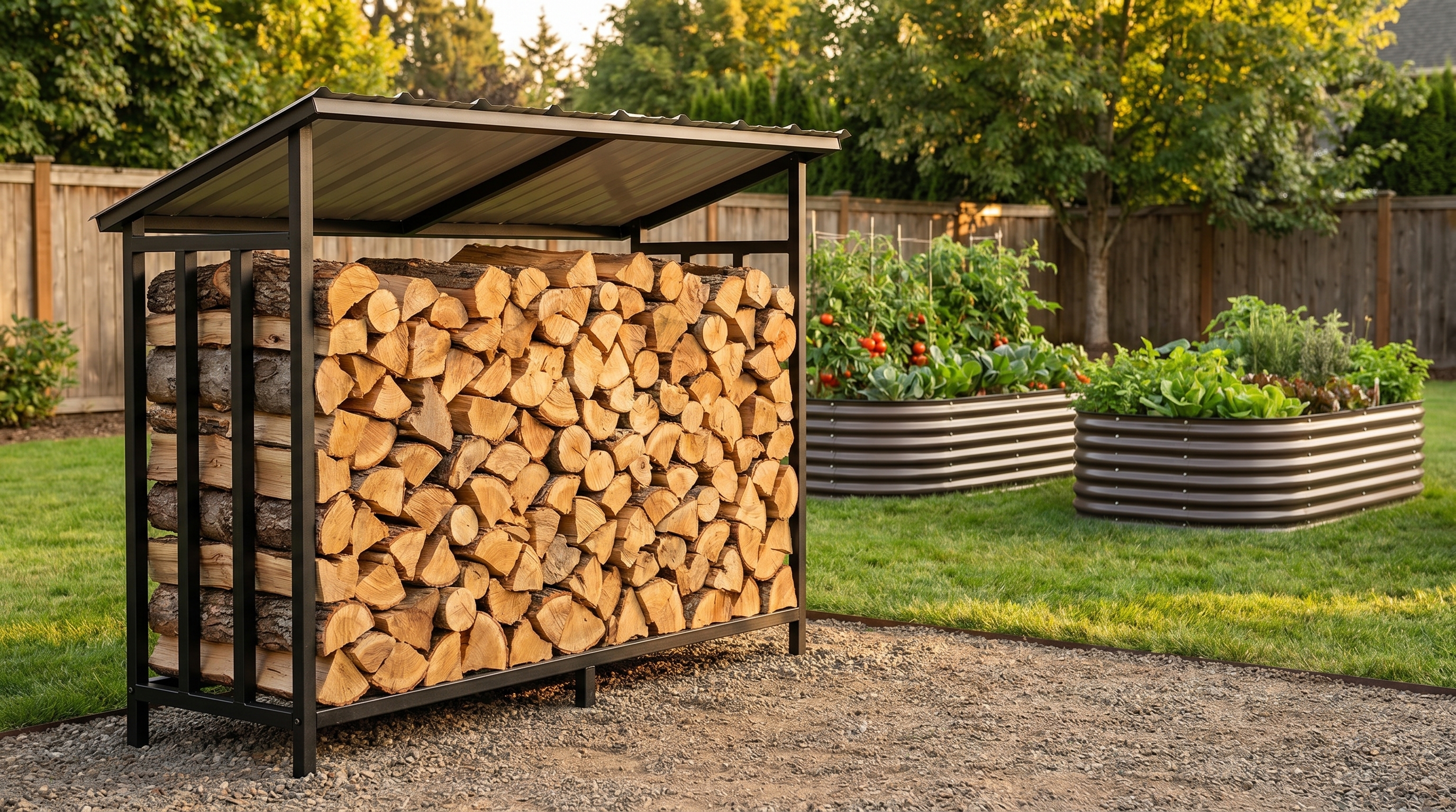 A well-organized backyard firewood storage area with properly sized log racks next to a cozy home garden