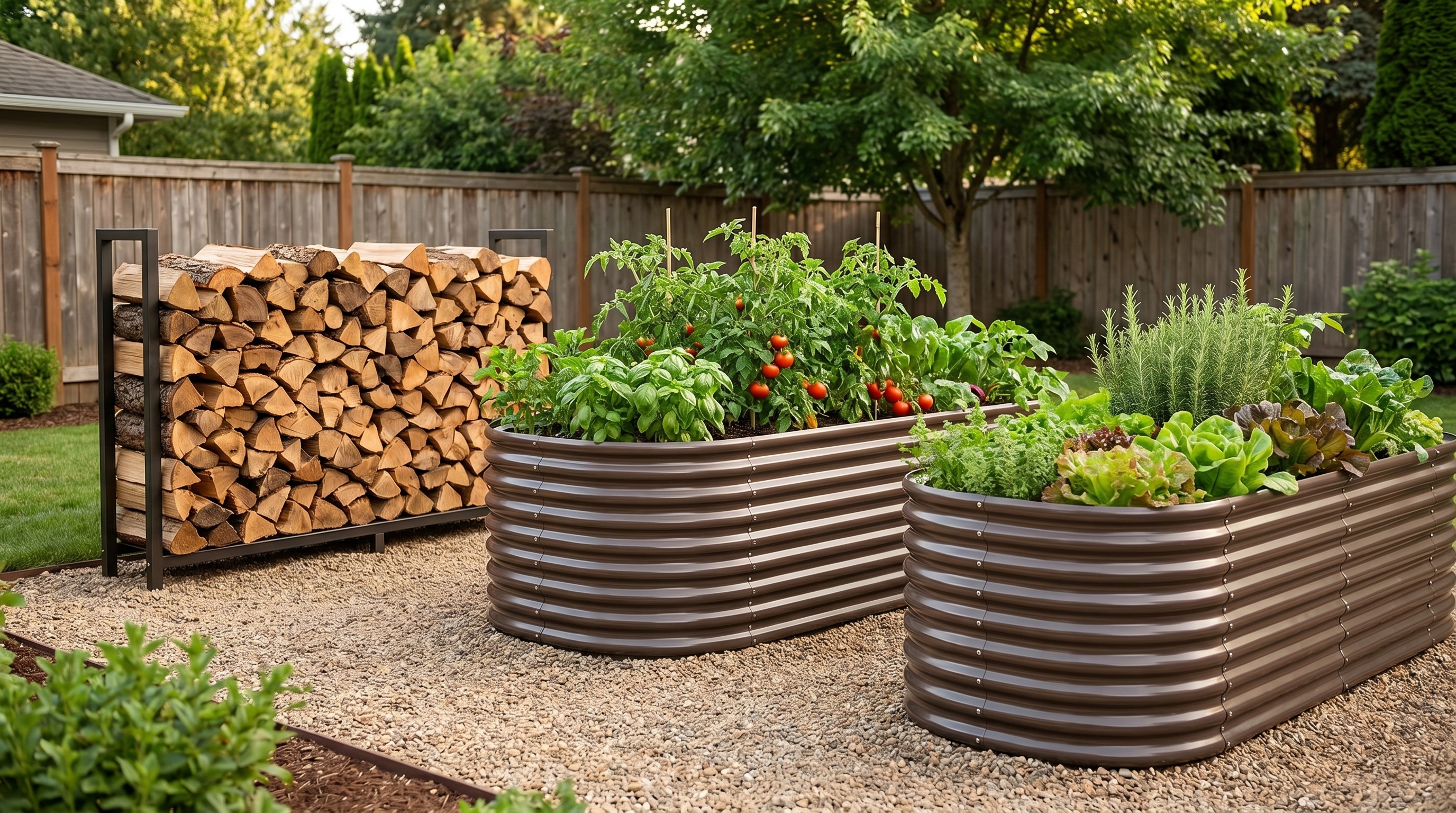 Backyard firewood storage rack next to galvanized raised garden beds in a well-organized outdoor space