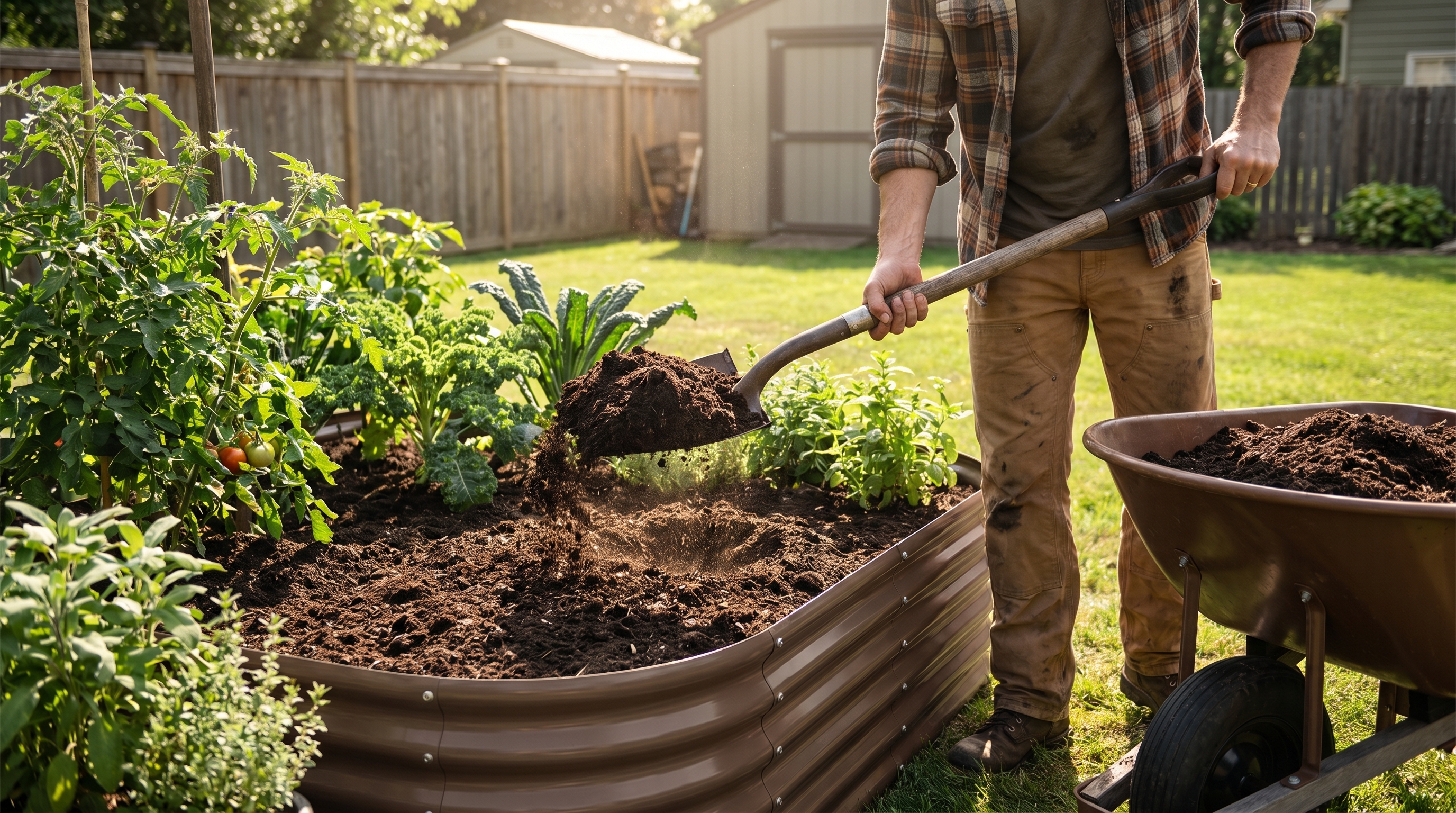 Gardener adding compost to a raised metal garden bed surrounded by healthy green vegetable plants