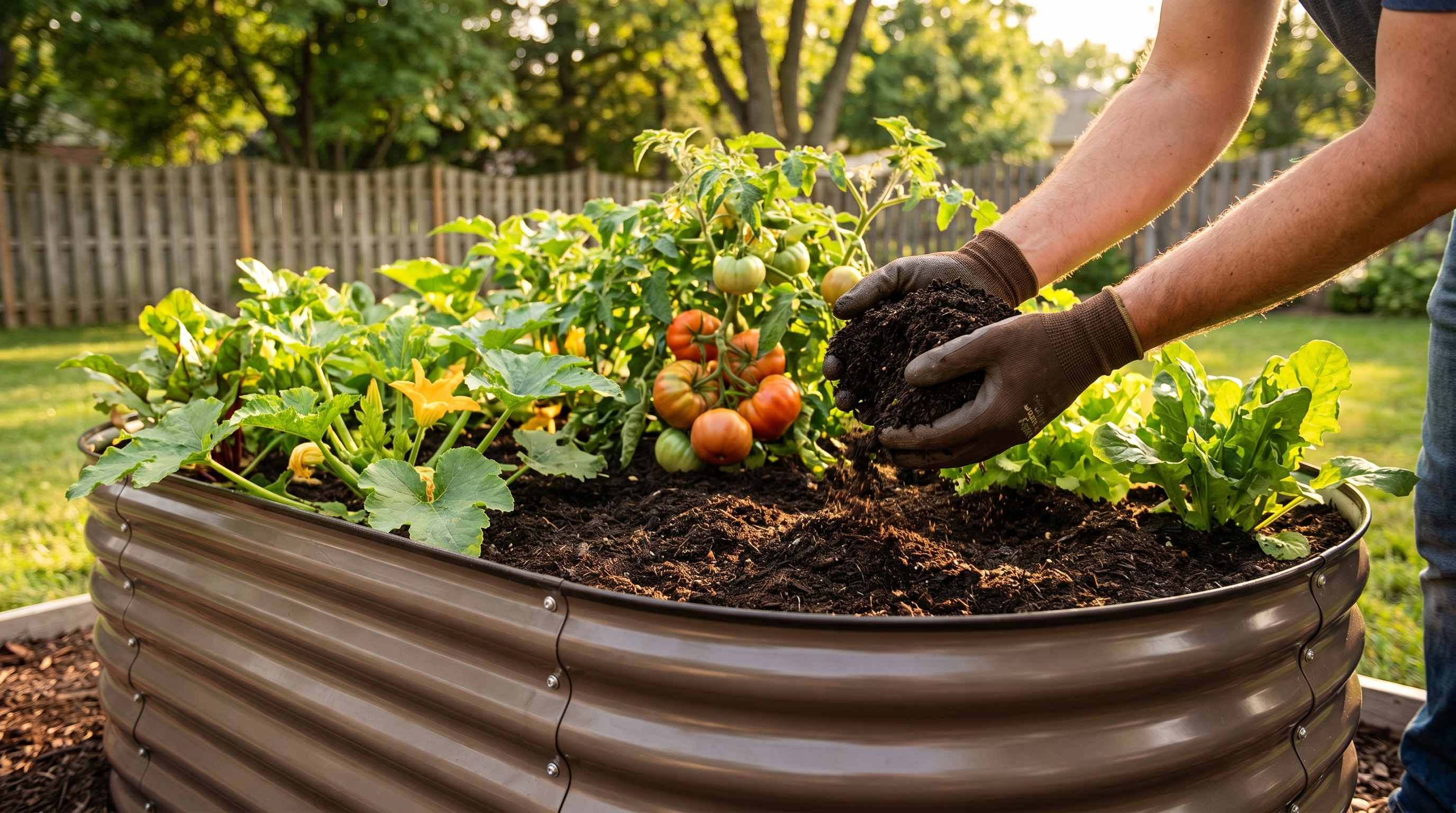 Gardener top-dressing raised garden bed soil mid-season with compost for better vegetable yields
