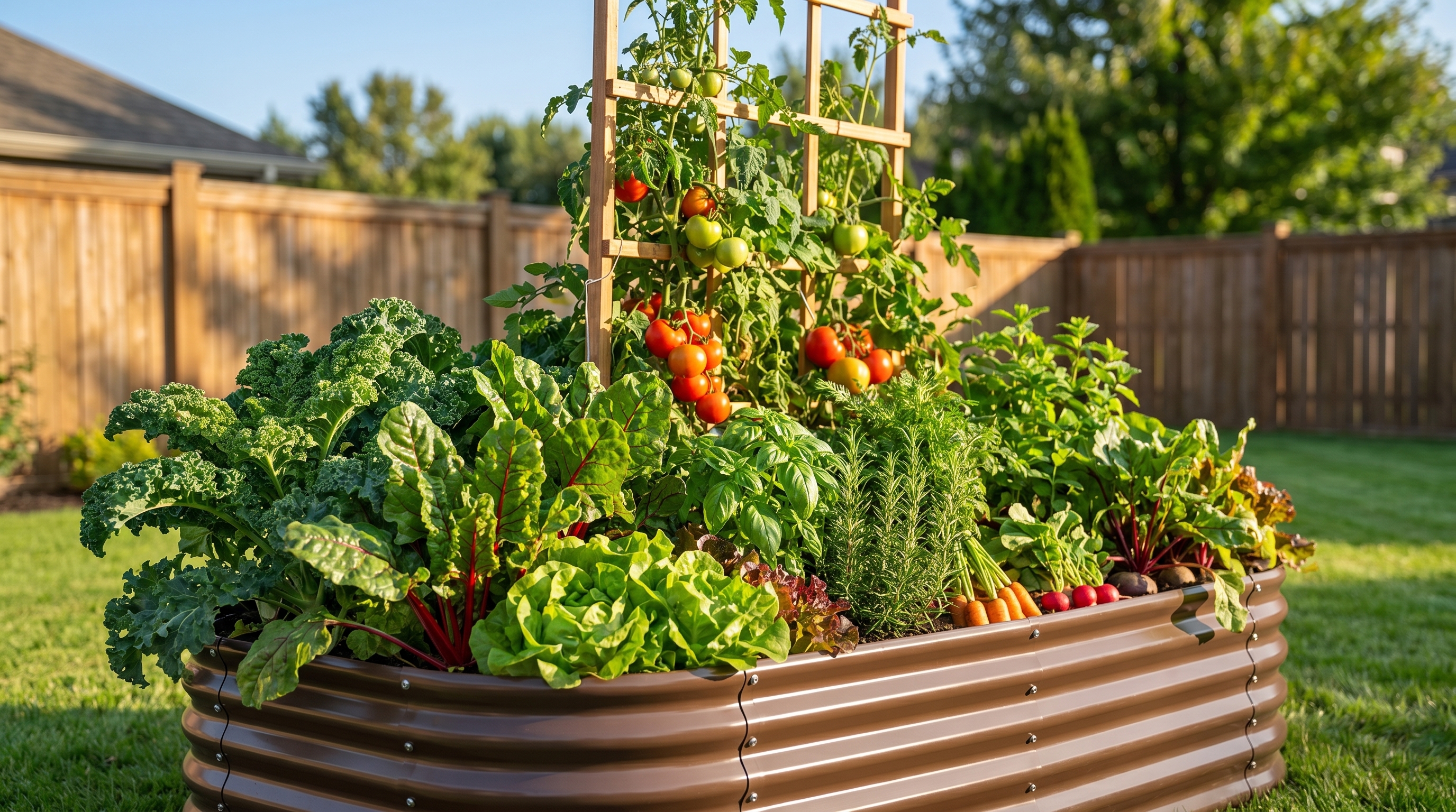 A lush small raised garden bed overflowing with leafy greens, tomatoes, and herbs in a compact backyard space