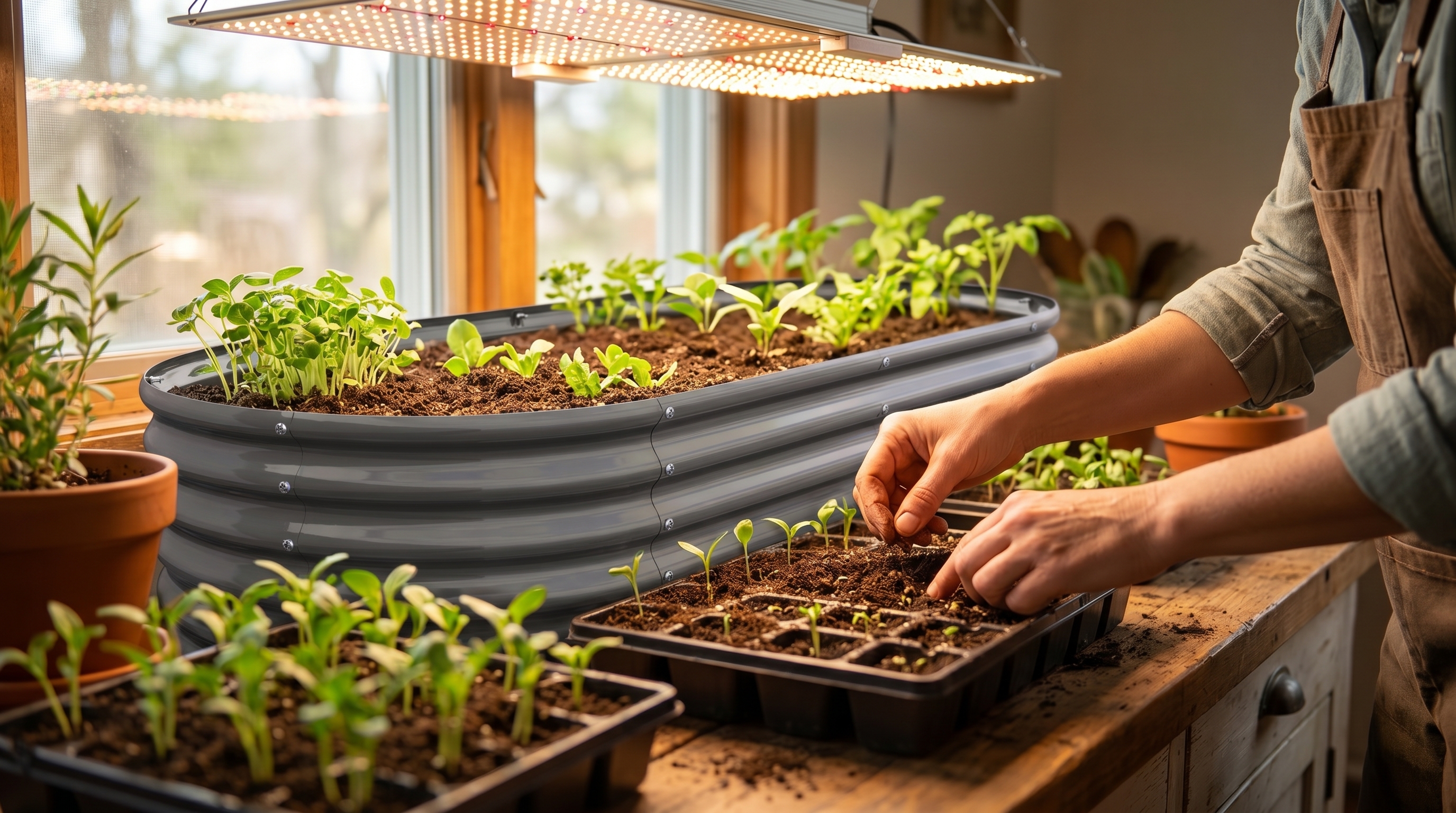 A home gardener starting seeds indoors under LED grow lights before summer ends