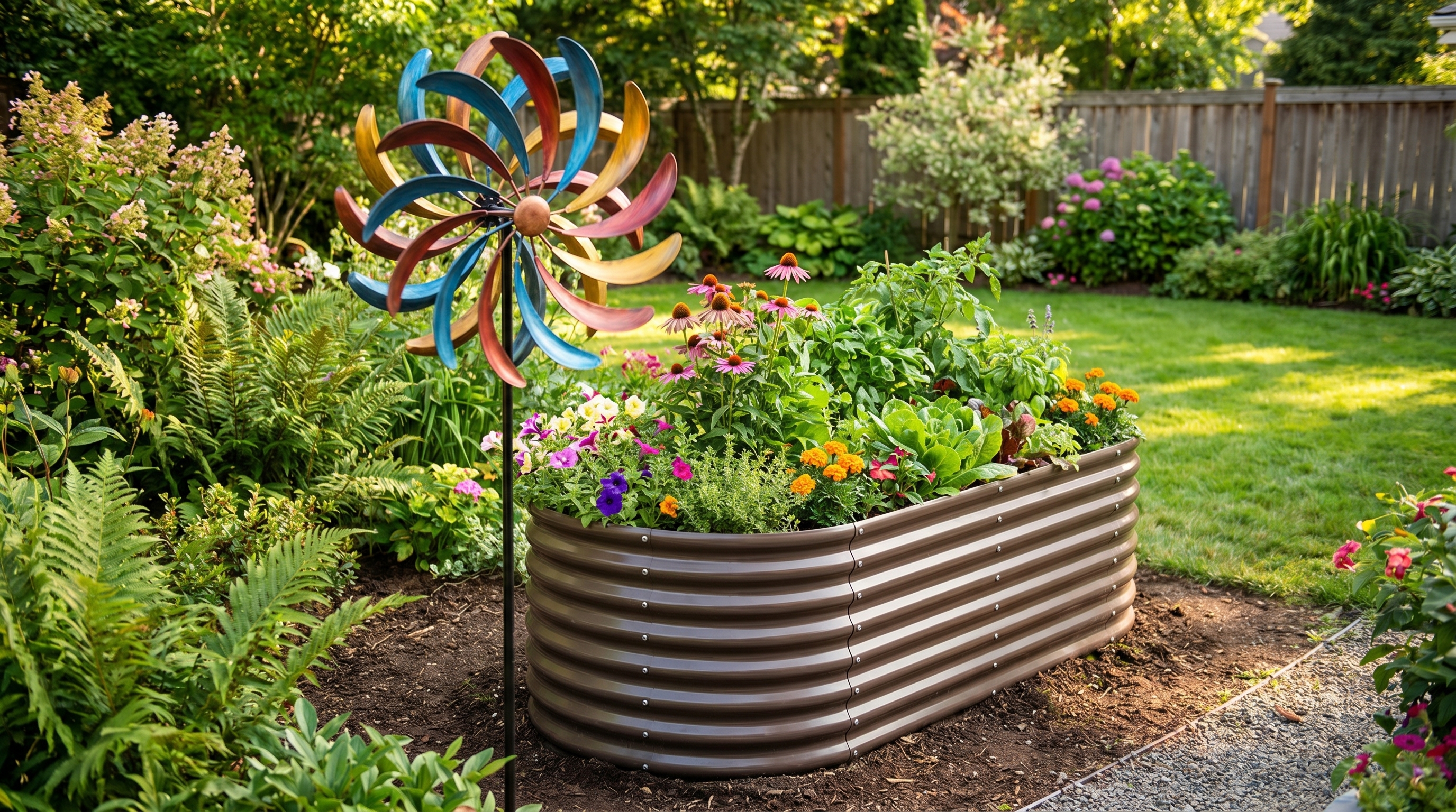 Kinetic wind spinner spinning in a colorful garden with raised beds and lush greenery