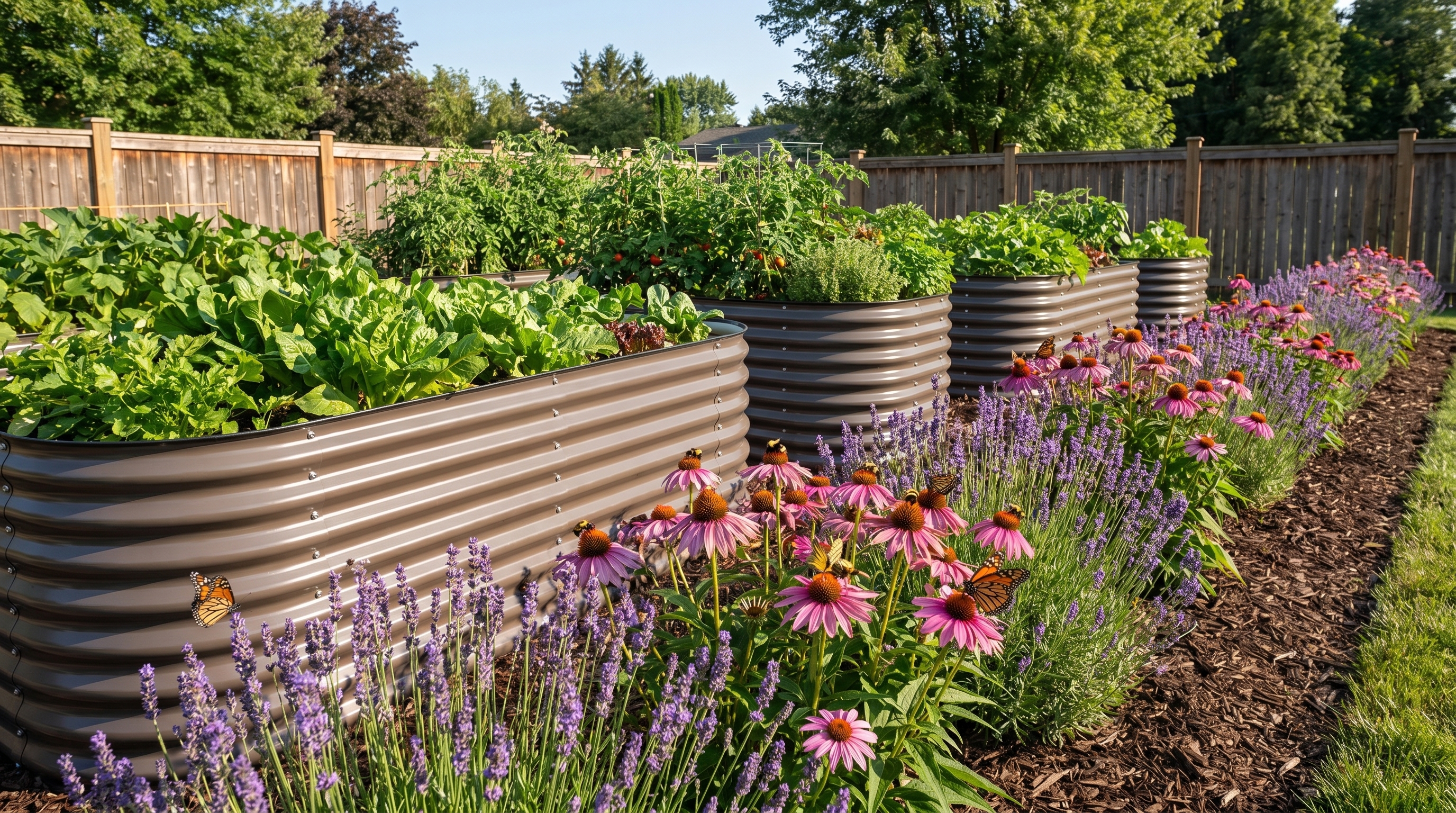 Diverse pollinator border with lavender, echinacea, and borage growing alongside metal raised garden beds
