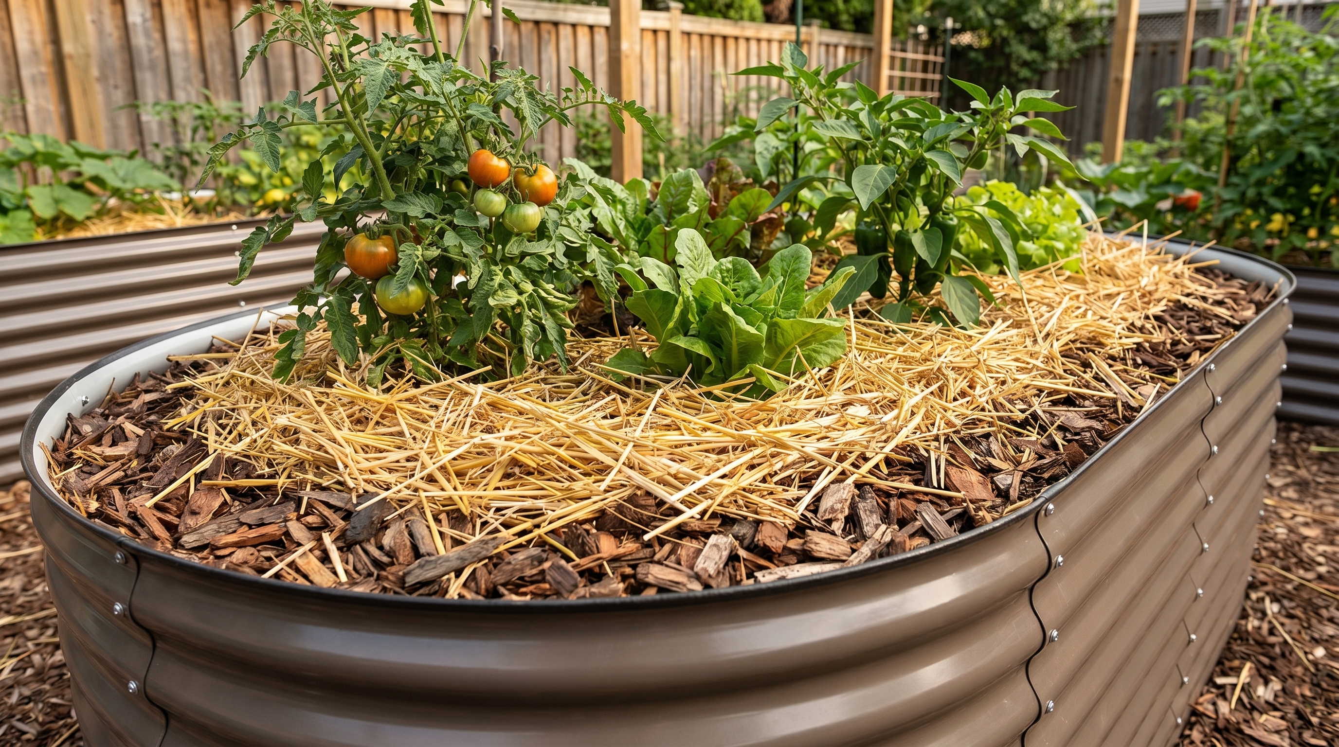 Layered mulch system in a galvanized steel raised garden bed showing straw and wood chip layers suppressing weeds organically