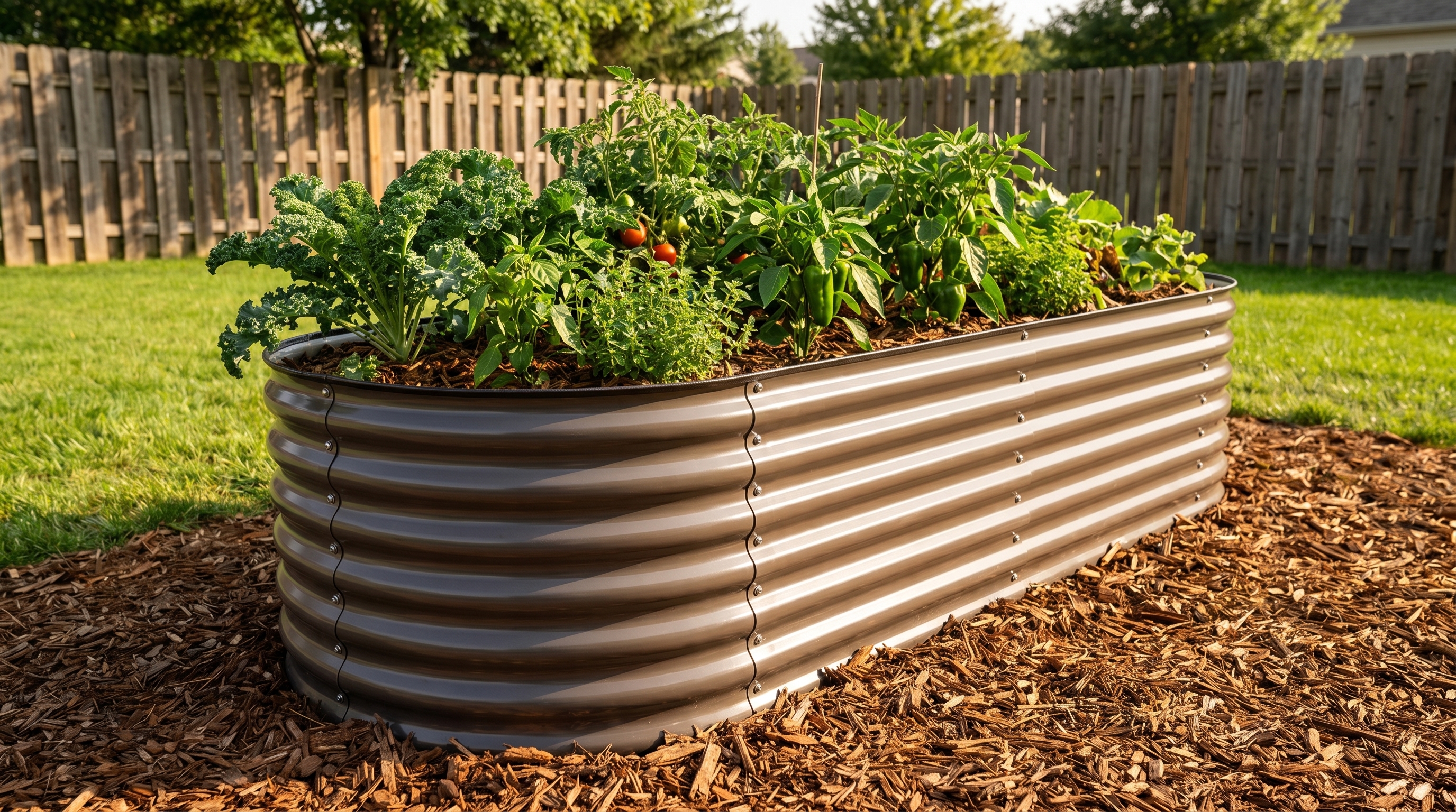 A raised garden bed filled with healthy vegetables, covered with organic wood chip mulch to suppress weeds naturally