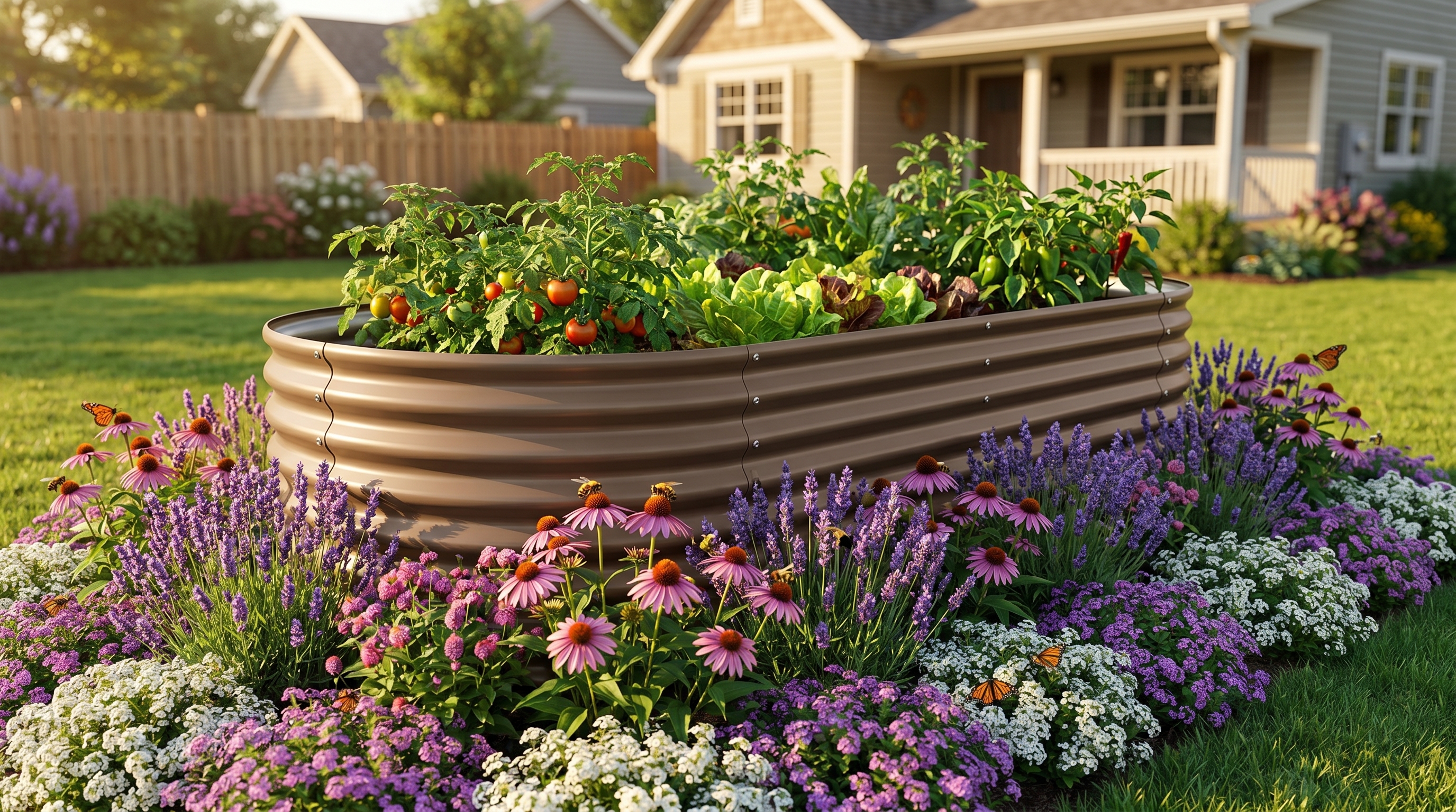 A vibrant raised garden bed border filled with pollinator-friendly flowers attracting bees and butterflies