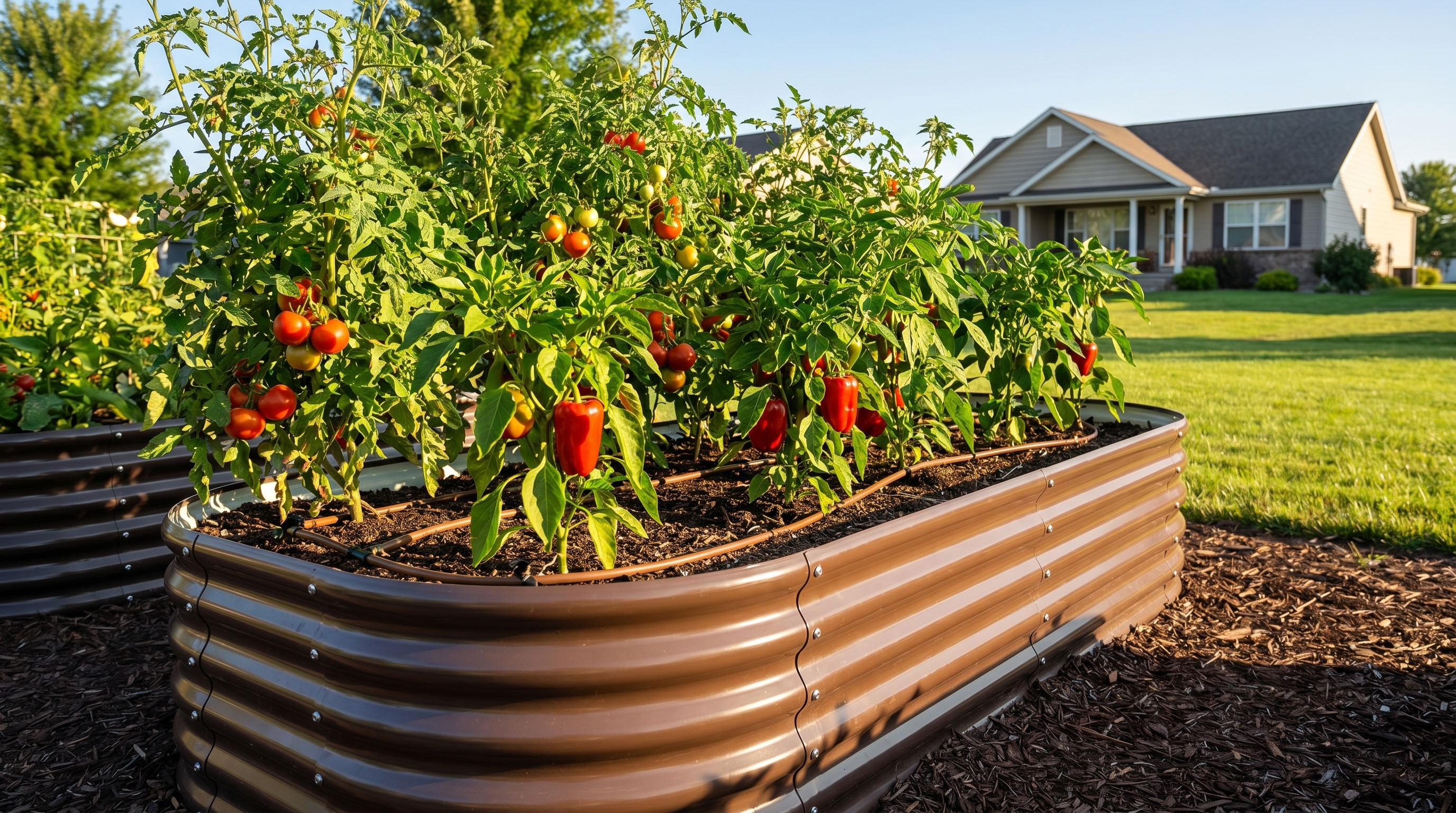 A thriving raised garden bed with drip irrigation lines in a sunny backyard during hot summer months