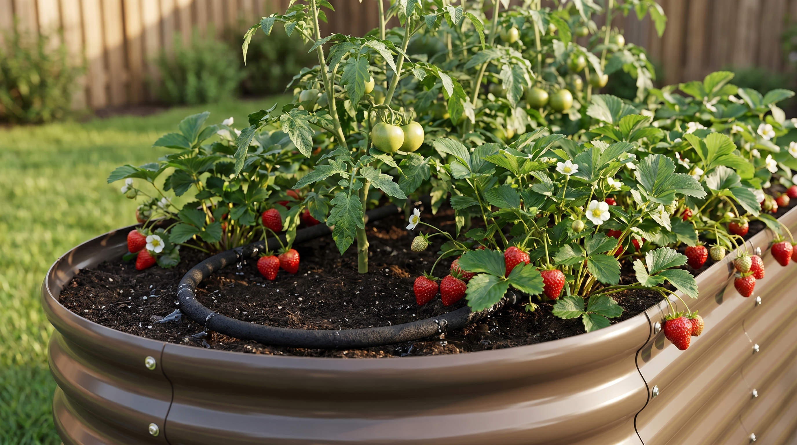Soaker hose running through a galvanized steel raised garden bed filled with thriving tomatoes and strawberries