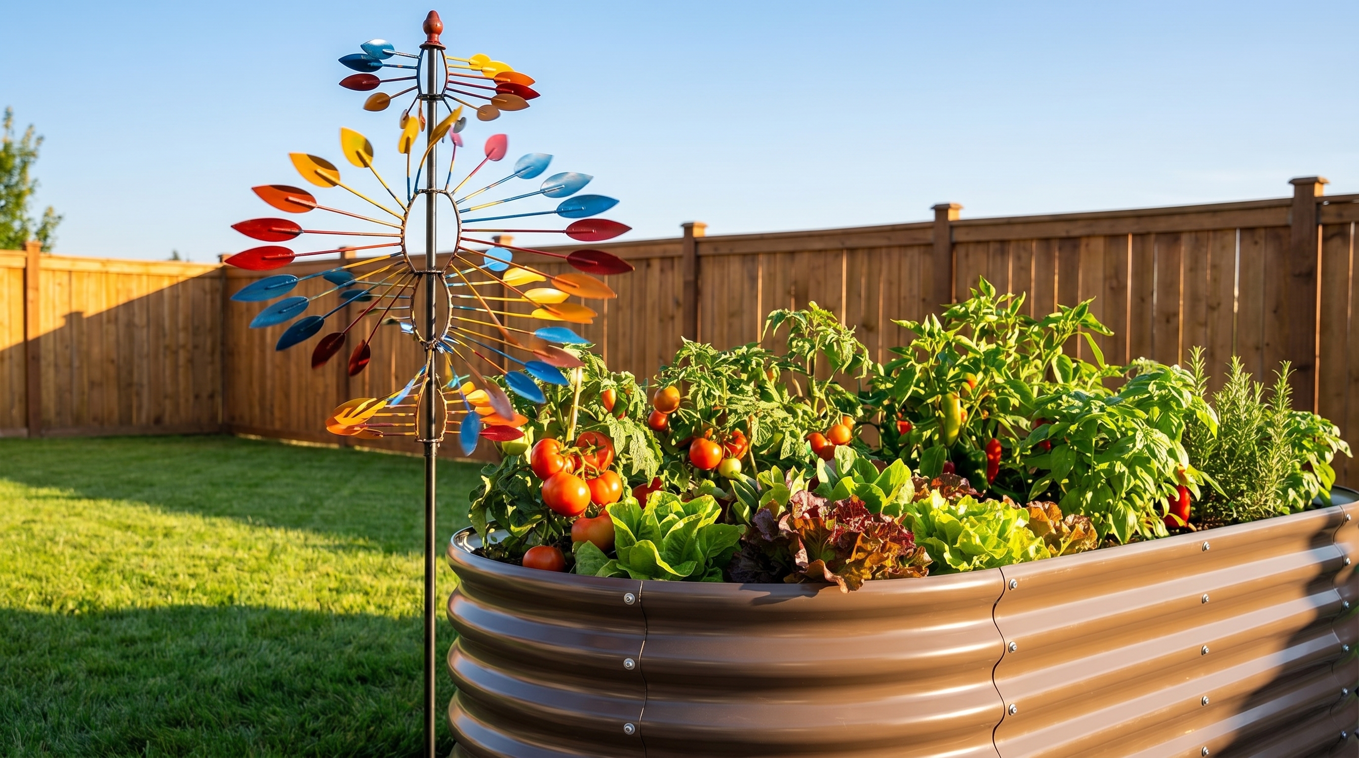 Colorful kinetic wind spinner positioned beside a galvanized steel raised garden bed in a lush backyard