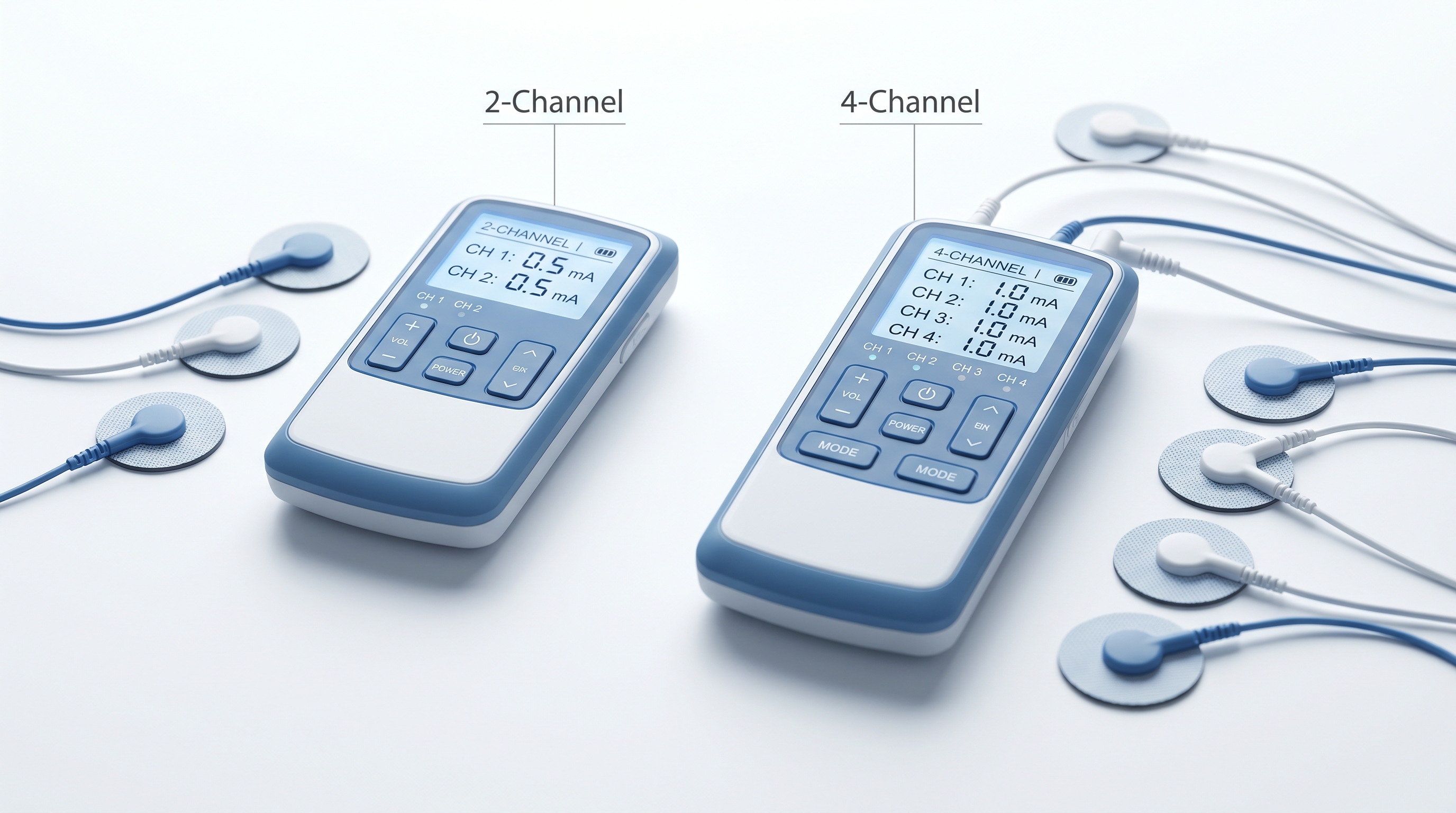 Two TENS unit devices side by side showing 2-channel and 4-channel configurations for pain relief therapy