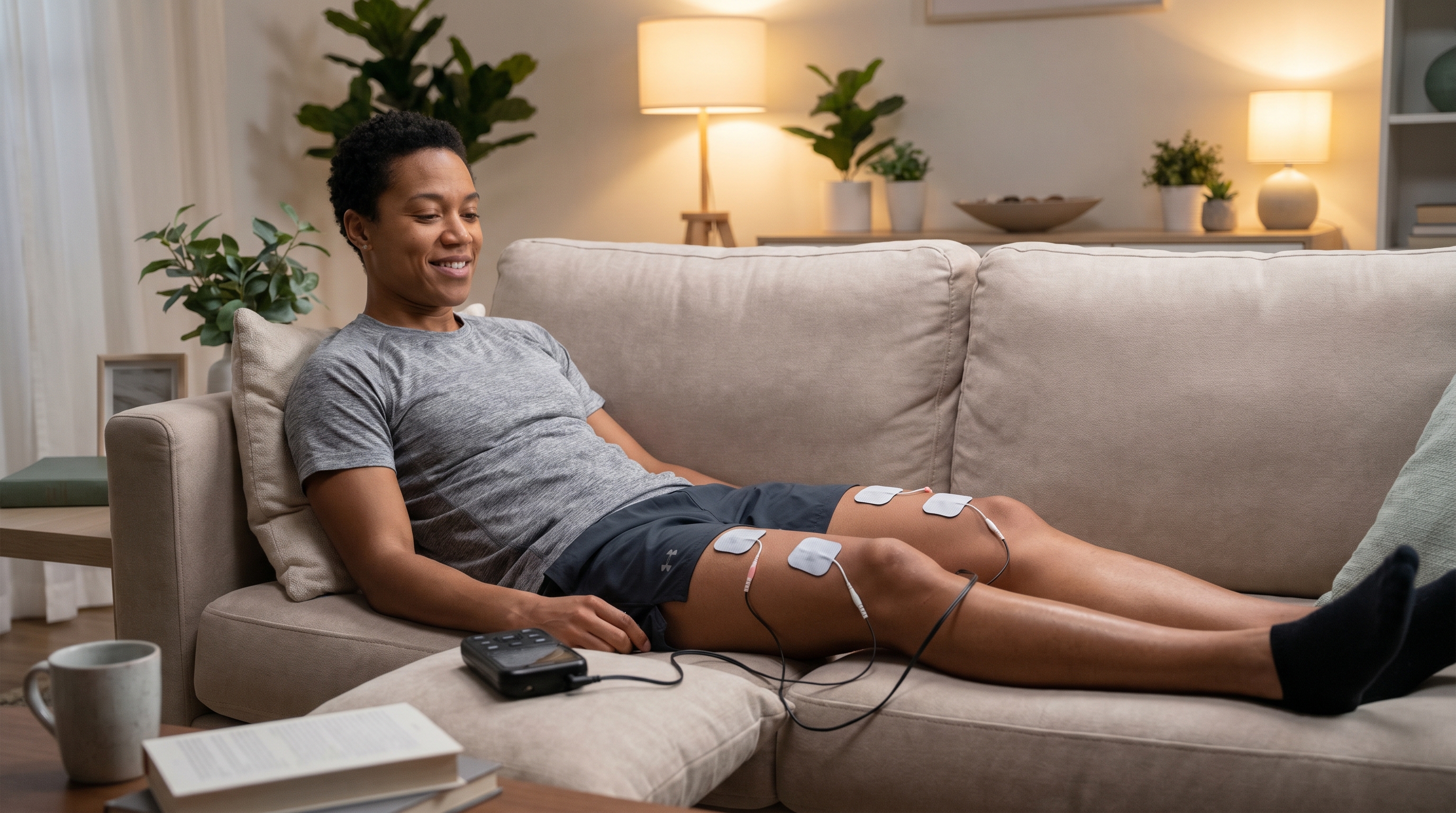 Person resting comfortably while using EMS electrode pads on thigh muscles for post-workout muscle recovery