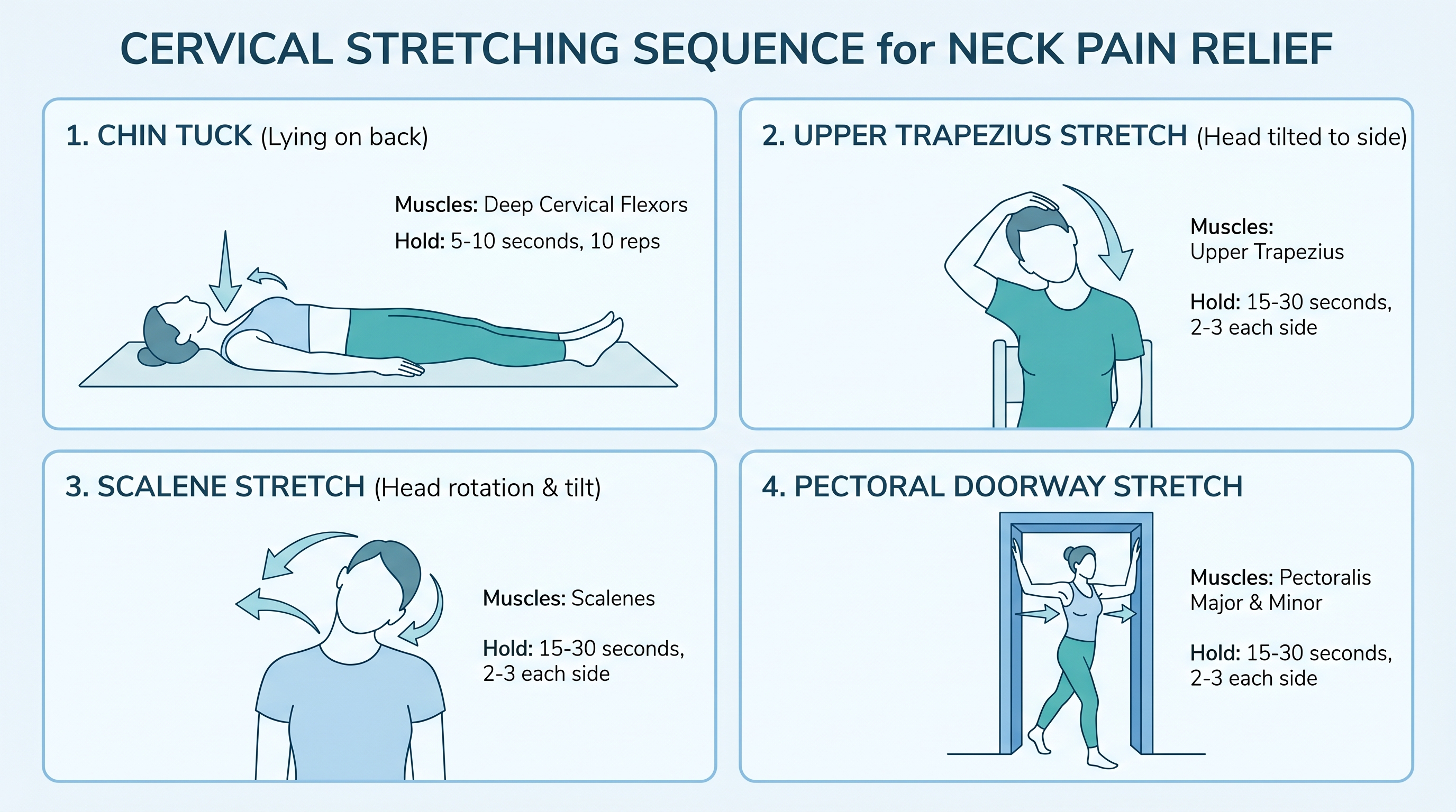 Illustrated cervical stretching sequence for neck pain relief at home, including chin tucks, upper trapezius stretch, and pectoral doorway stretch