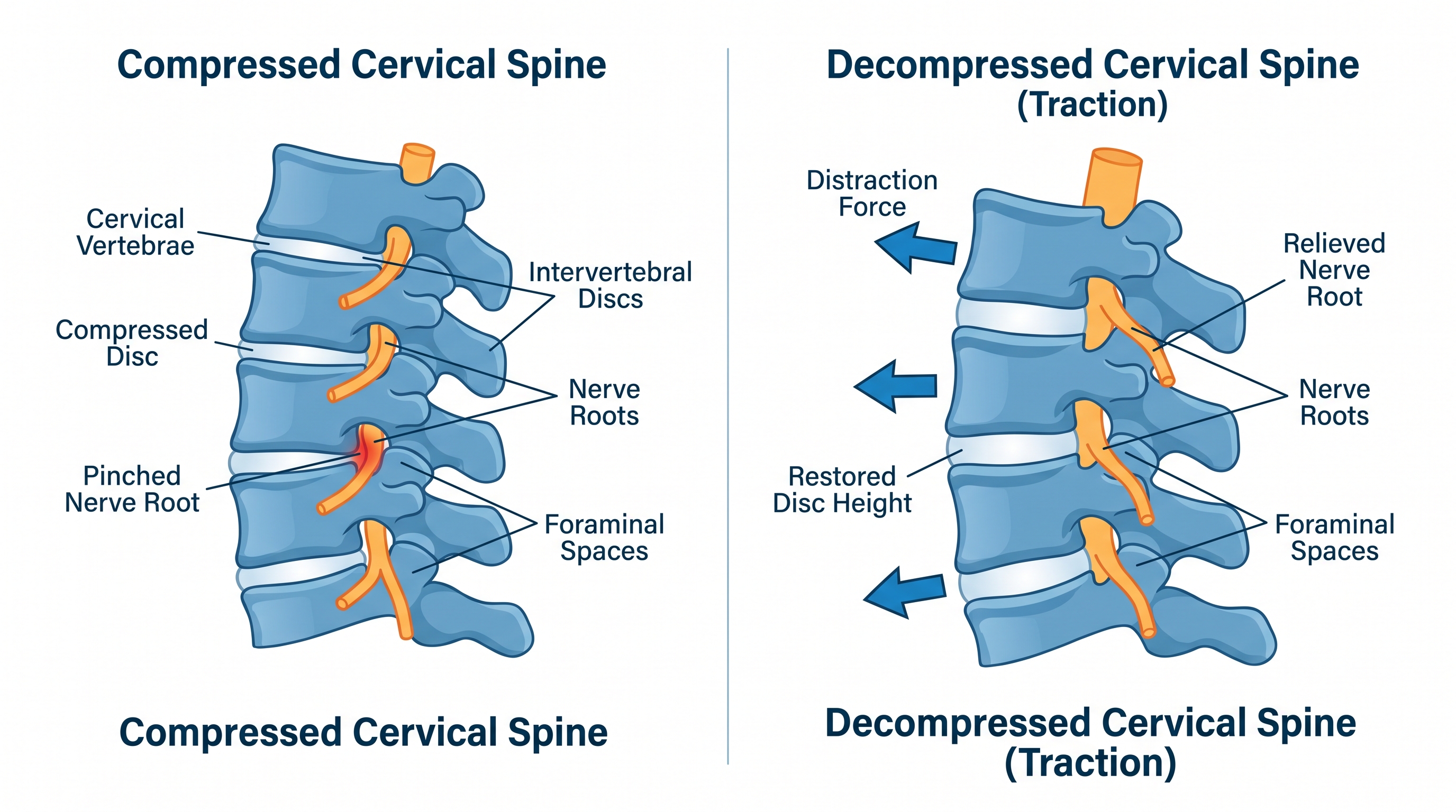 Physical therapist explaining cervical spine traction positioning and disc decompression anatomy diagram