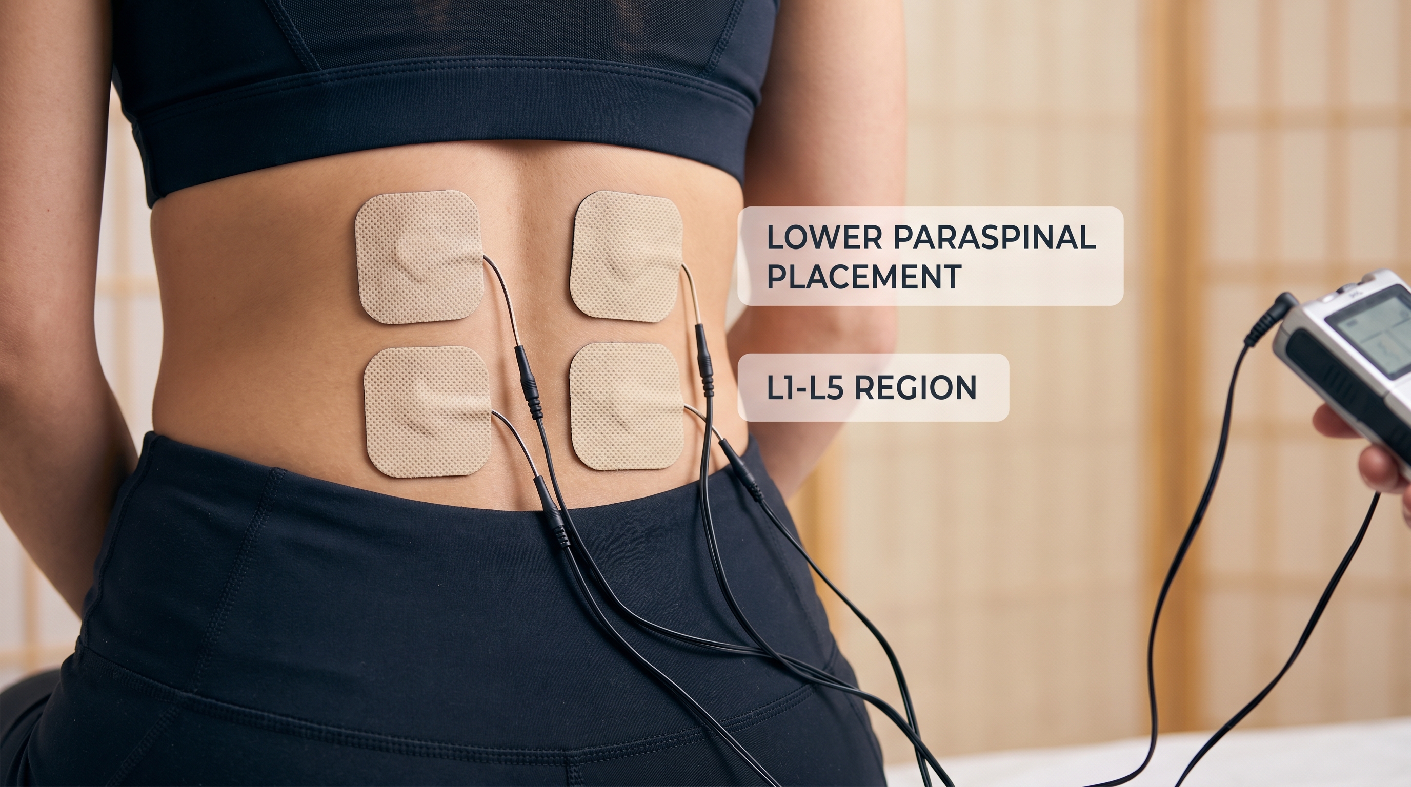Correct TENS electrode placement on lower back for drug-free pain relief at home