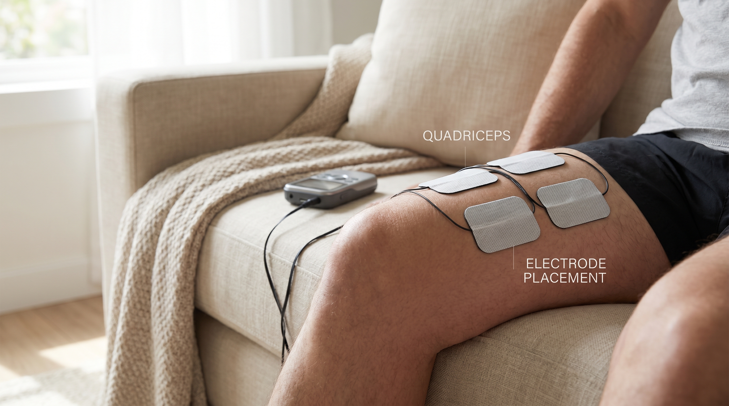 Electrode placement for EMS muscle stimulation on the quadriceps during post-surgical rehabilitation at home