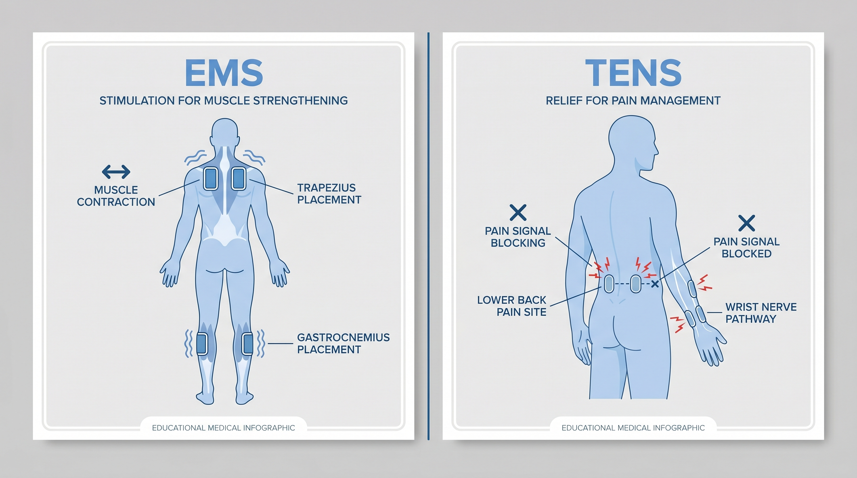 Comparison of EMS muscle stimulation and TENS pain relief electrode placement on back and leg