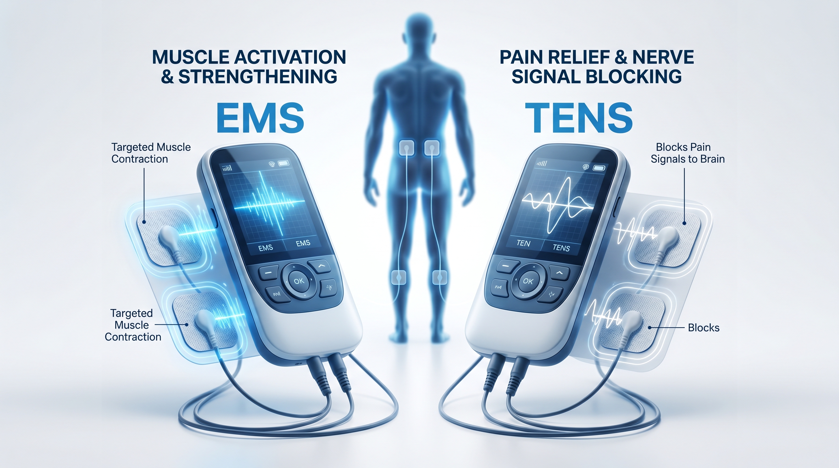 EMS vs TENS electrotherapy devices for muscle stimulation and pain relief at home