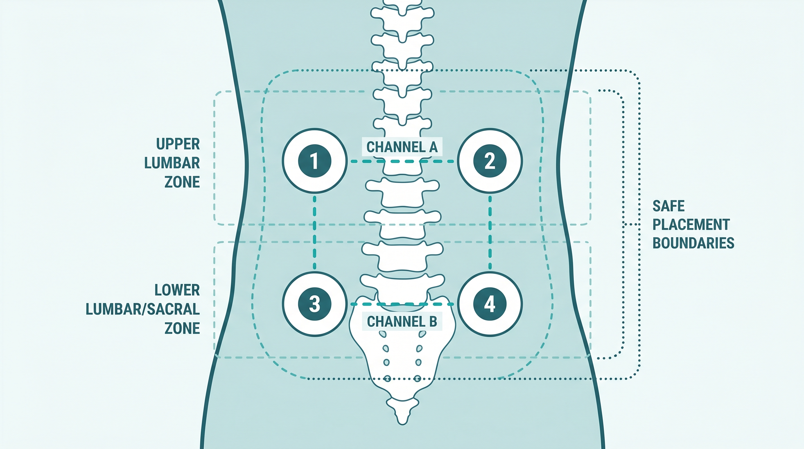 Illustrated diagram of four TENS electrode pad placements on the lower back for widespread lumbar pain coverage