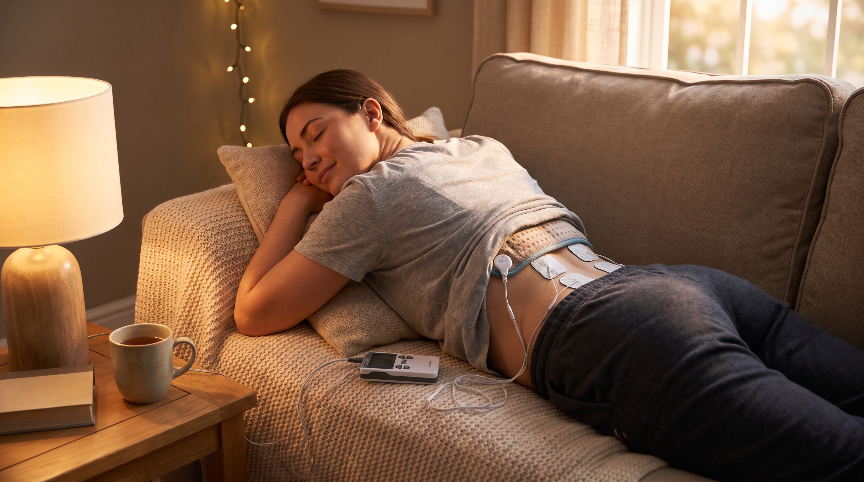 A person reclining comfortably with a heating pad and TENS electrode pads applied to their lower back, experiencing drug-free pain relief at home