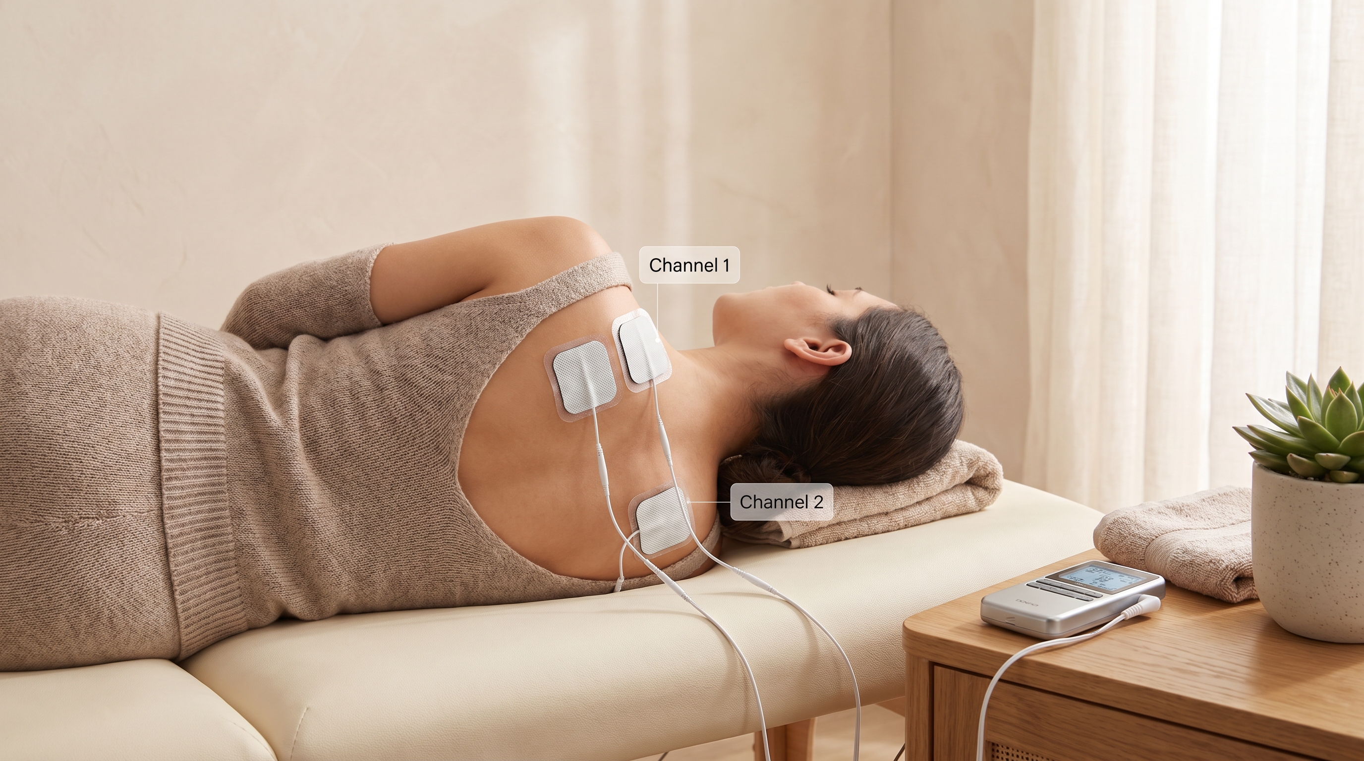 iStim EV-805 dual channel electrotherapy pad placement for TENS and EMS muscle recovery sessions