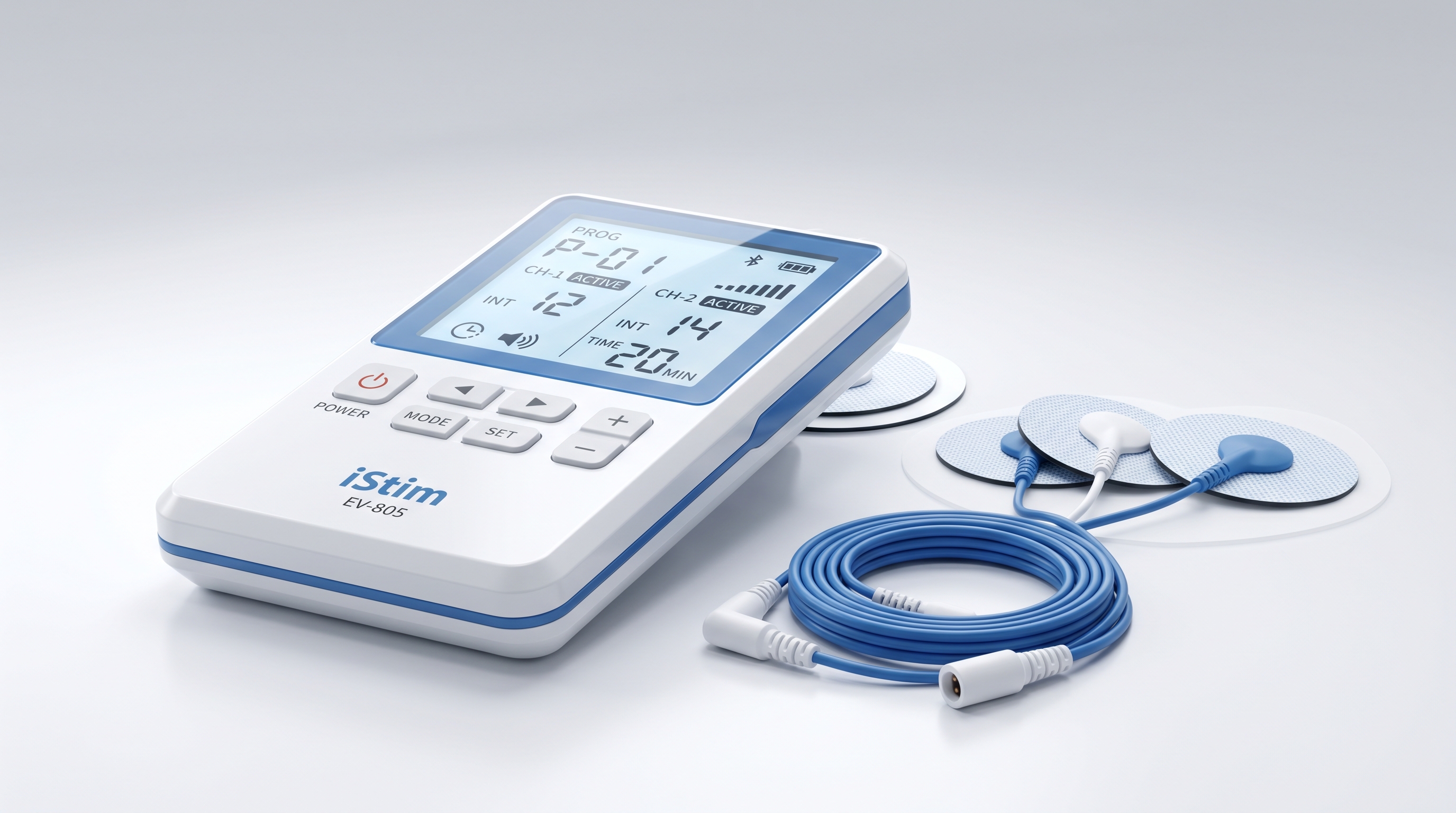 iStim EV-805 TENS EMS device showing programs channels and intensity settings
