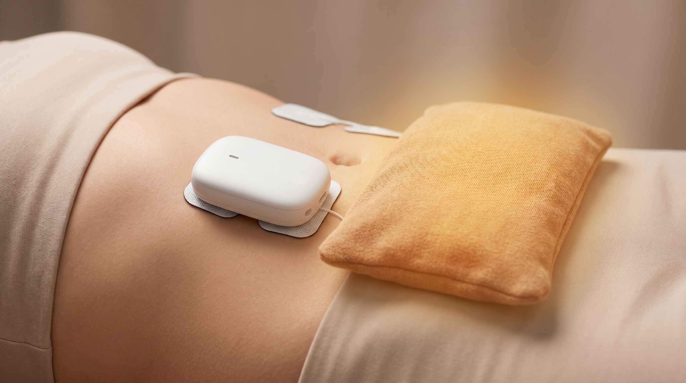 iStim S1 wireless TENS unit on lower abdomen with heat pack for period cramp relief synergy