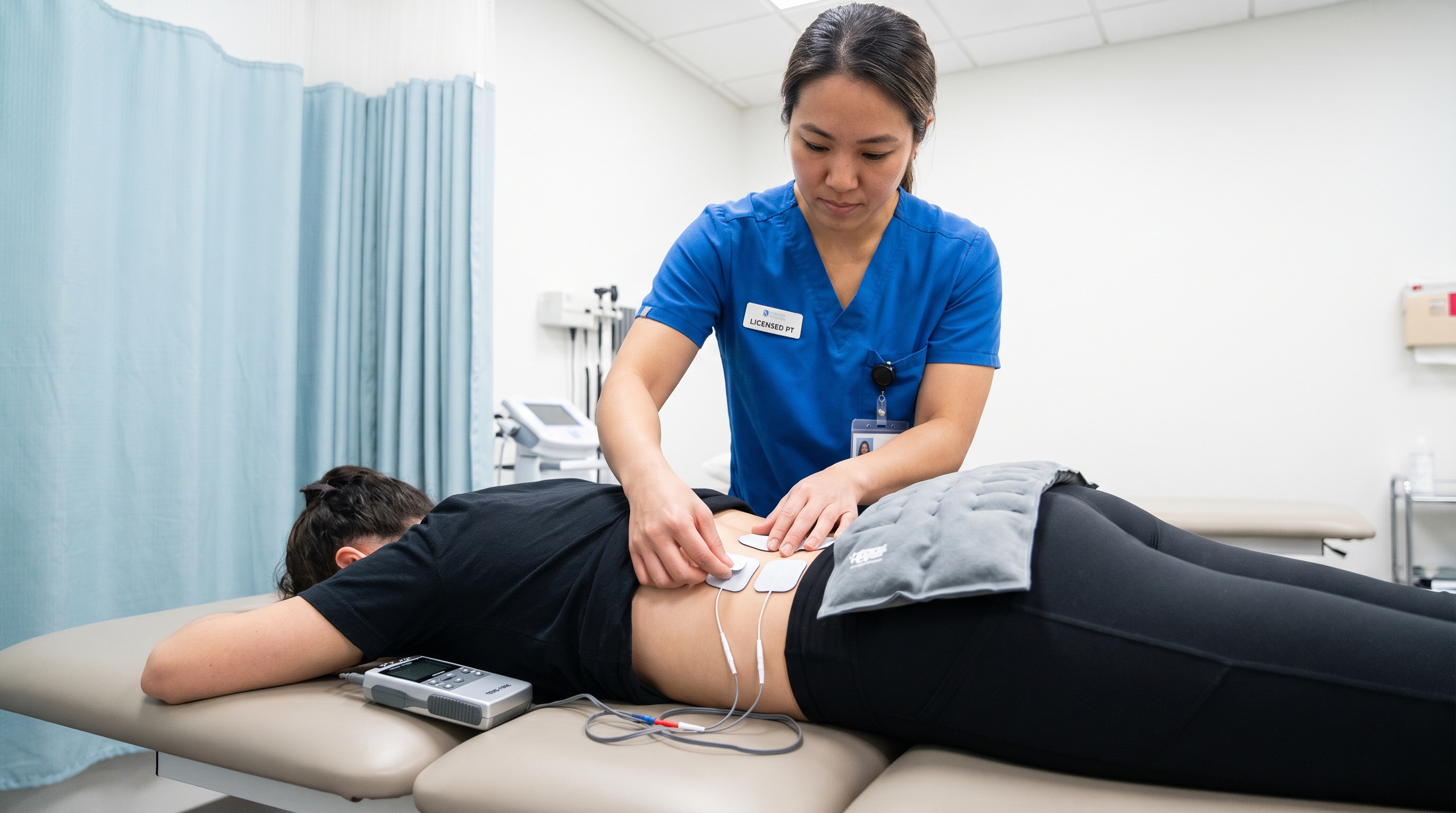 Physical therapist demonstrating TENS electrode pad placement on a patient's lower back with a heat pack nearby, illustrating combination therapy technique