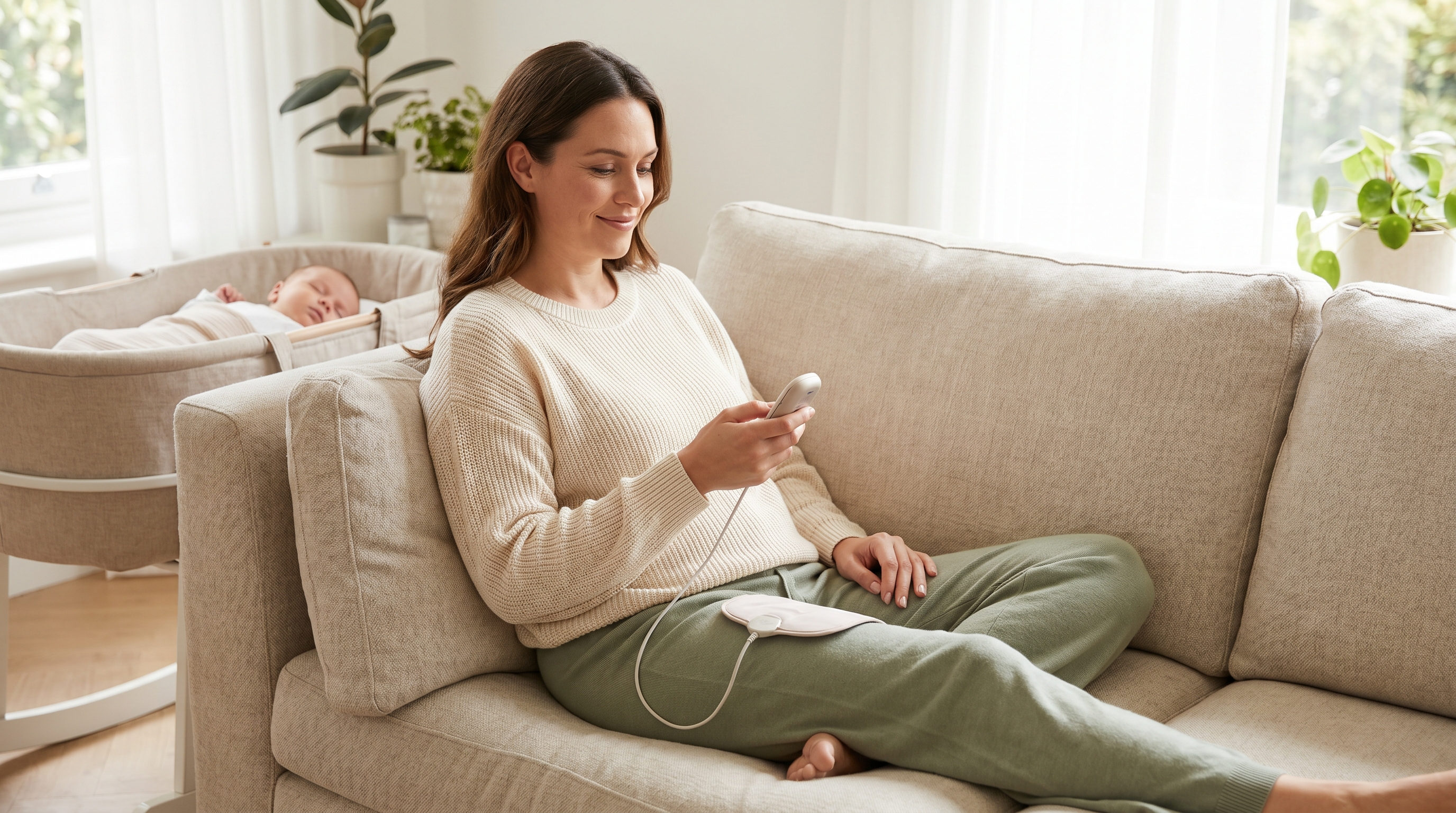 Postpartum woman gently performing pelvic floor recovery exercises with Kegel EMS therapy device at home