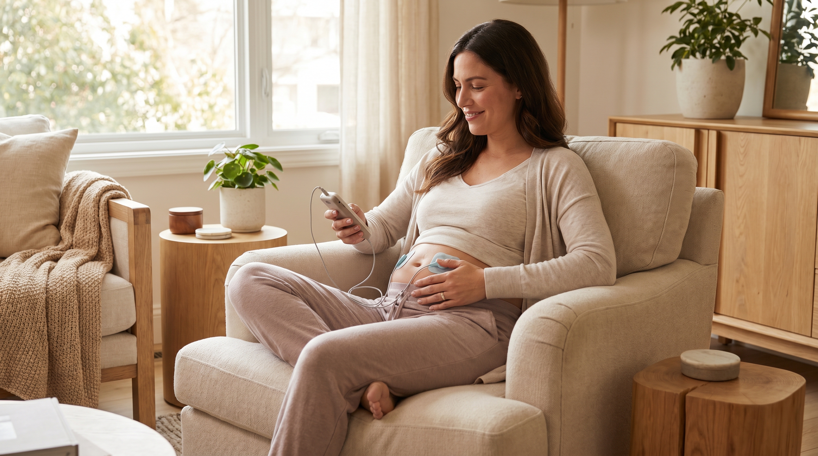 Woman at home using a pelvic floor EMS Kegel device for postpartum recovery, sitting comfortably