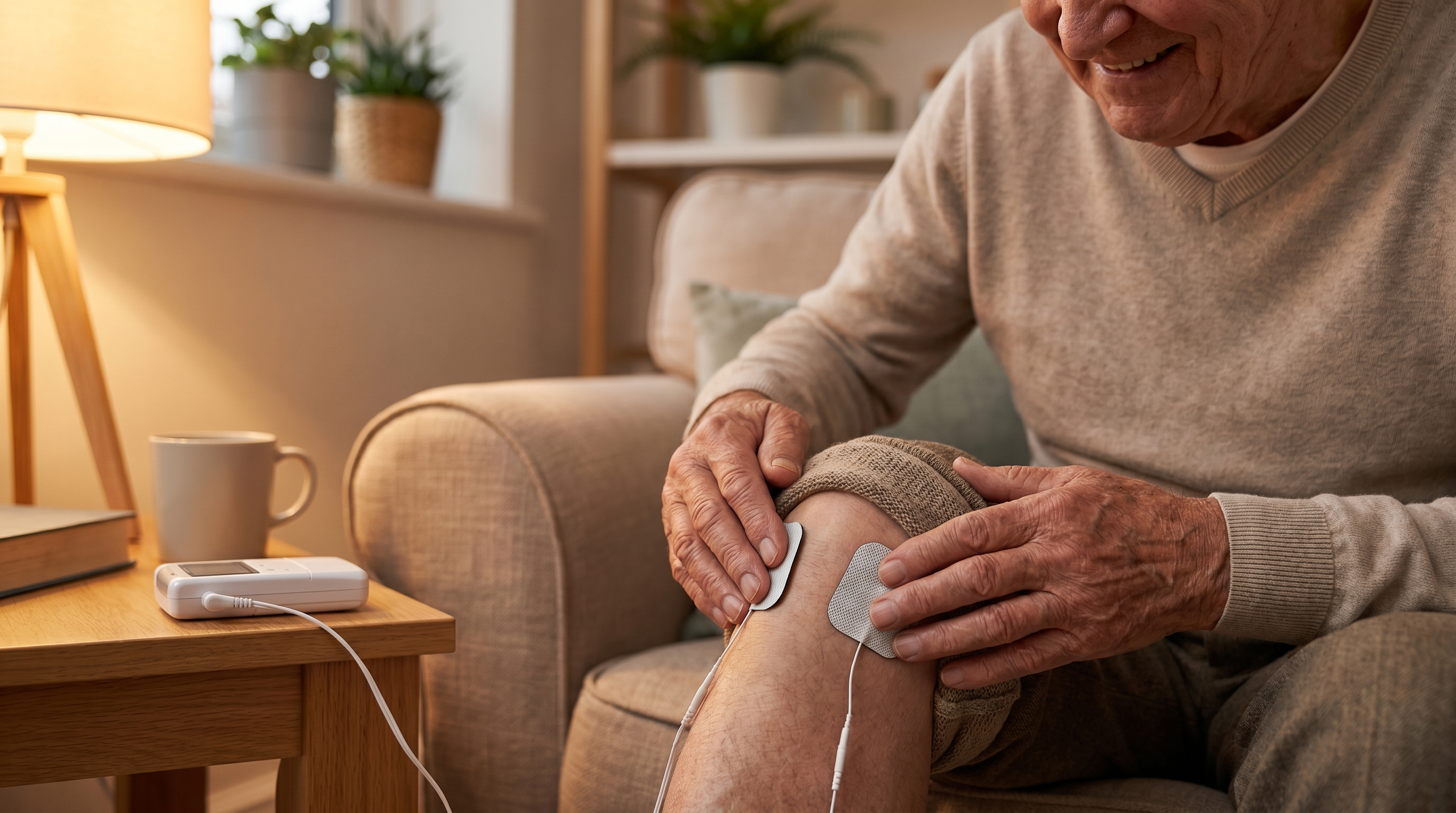 TENS electrode pads placed on knee joint for arthritis pain relief at home