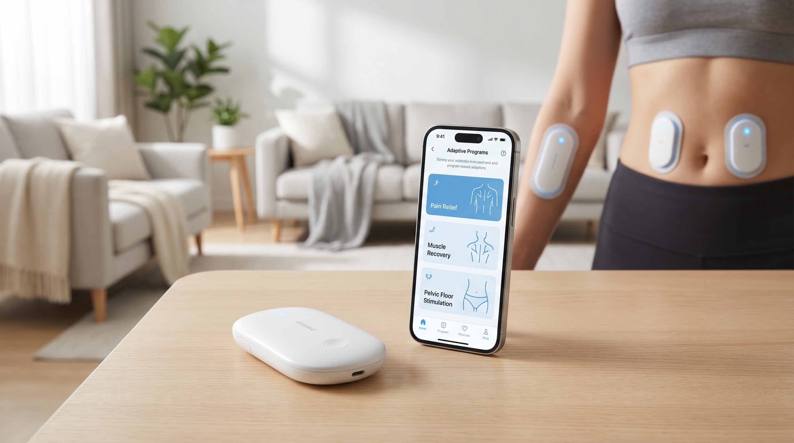 Smart wireless TENS EMS combo device with app-guided pelvic floor stimulation and adaptive programming for home rehabilitation
