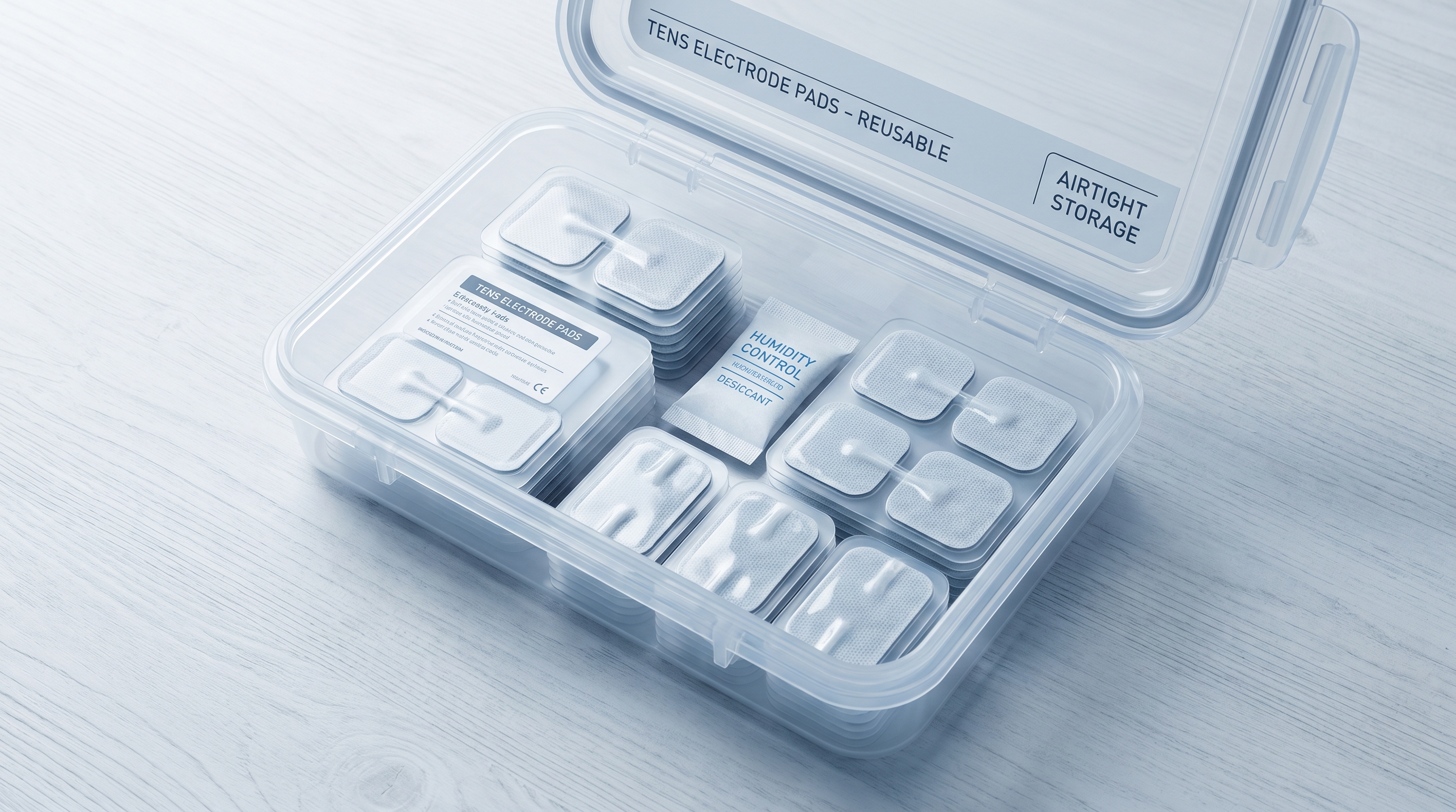 Proper TENS electrode pad storage showing sealed backing sheets, airtight container, and cool dry storage location