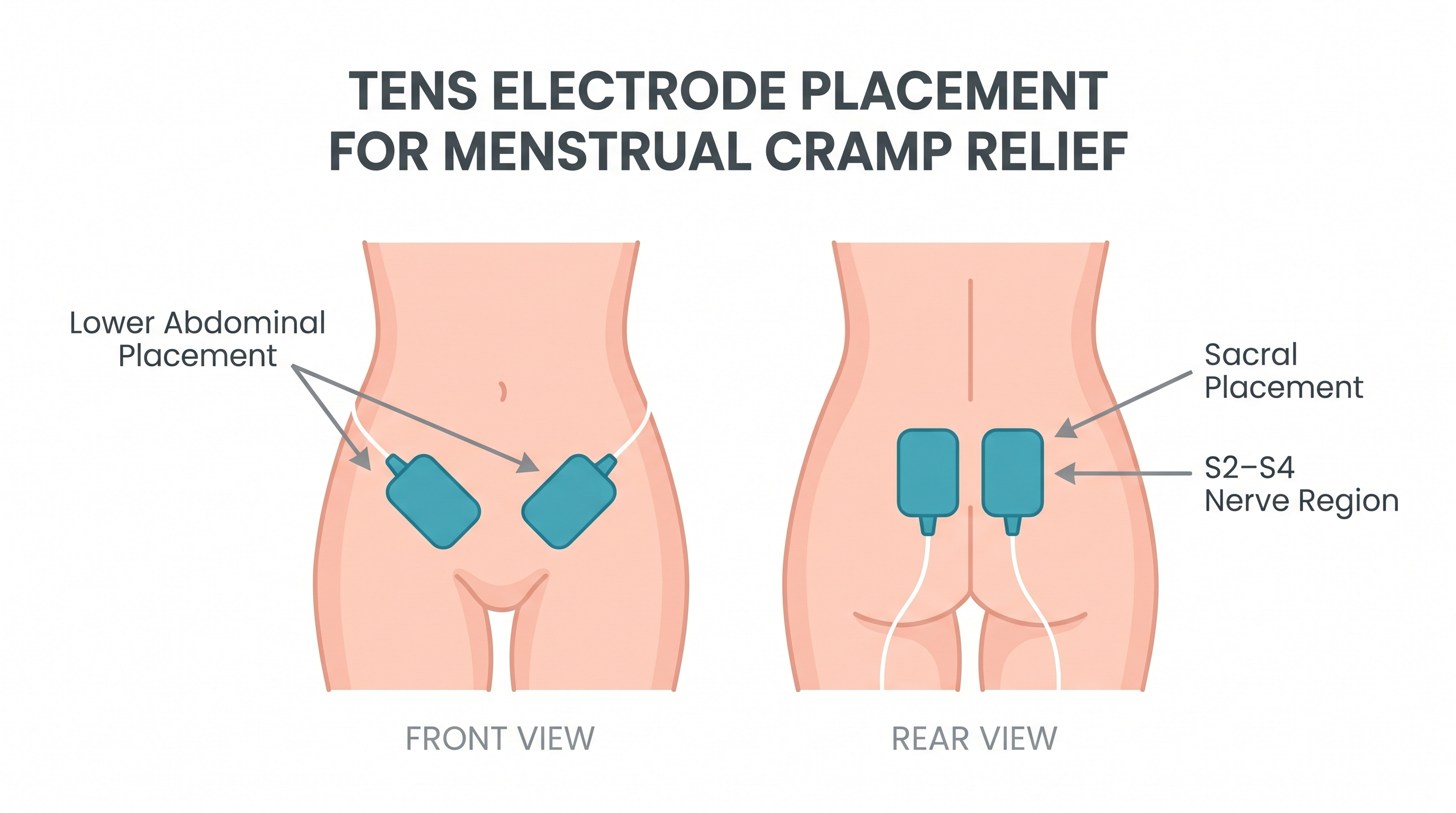 Electrode pad placement diagram on lower abdomen and lower back for TENS menstrual pain relief