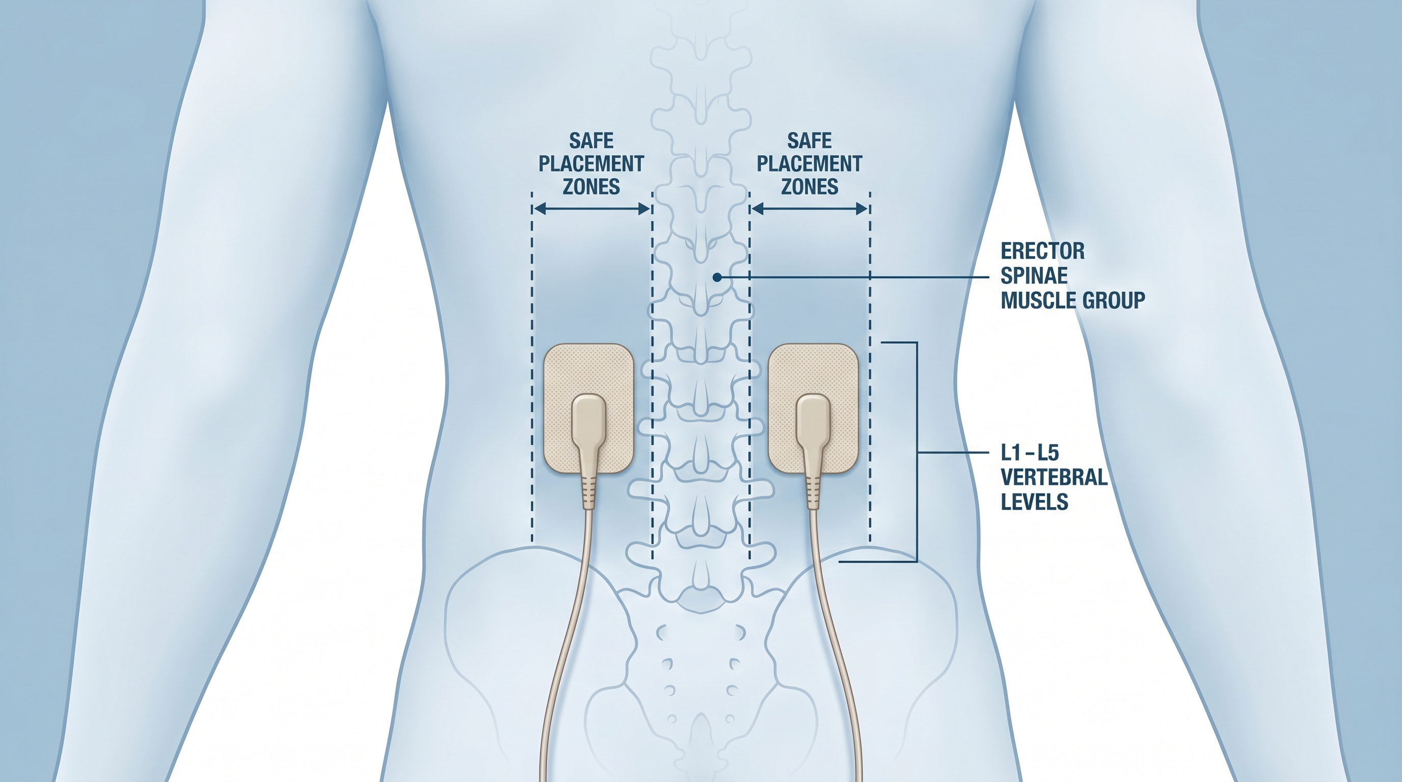 TENS electrode placement diagram showing correct pad positions on lower back for pain relief