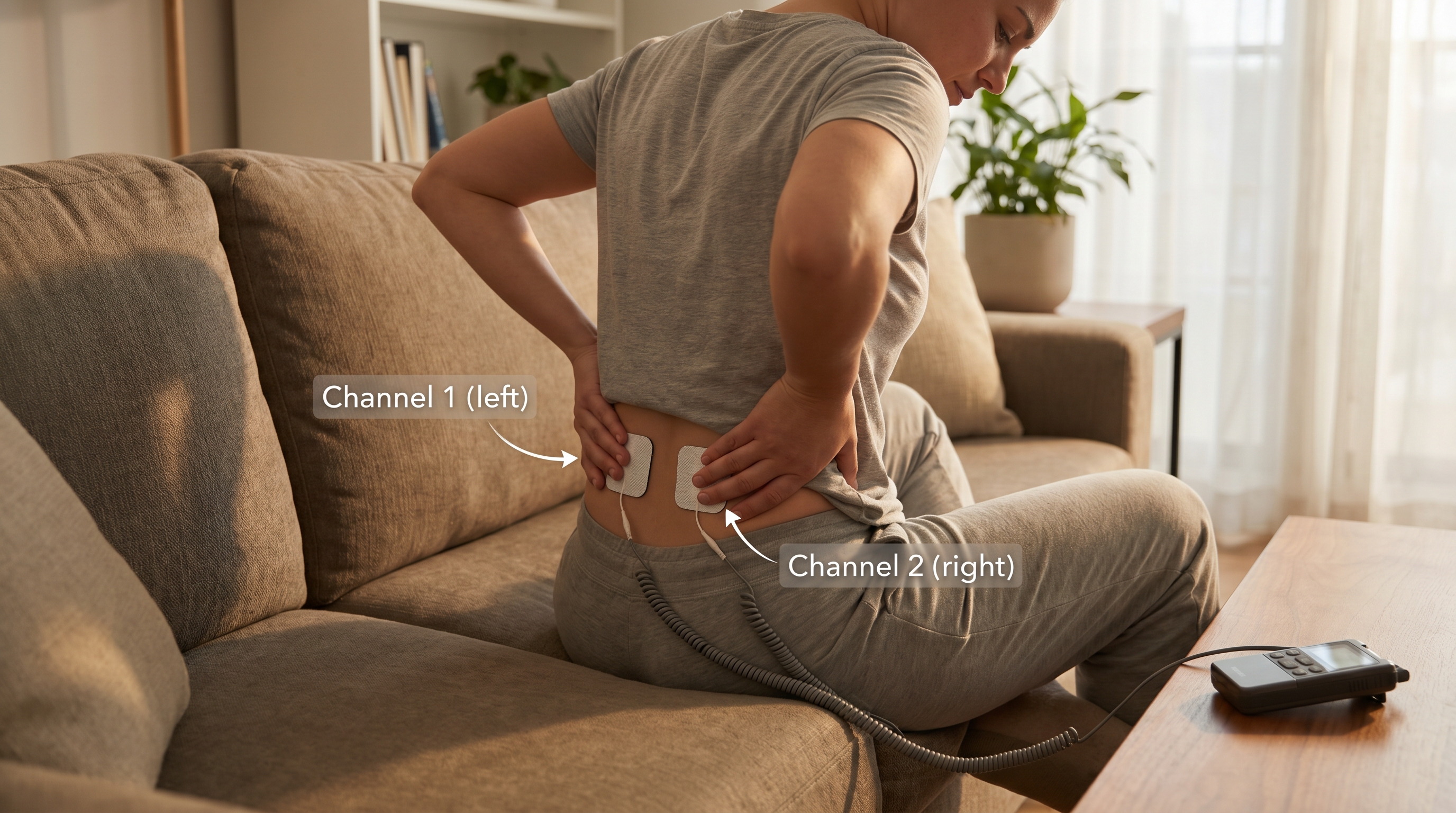Person applying TENS electrode pads to lower back for multi-channel electrotherapy pain relief session at home