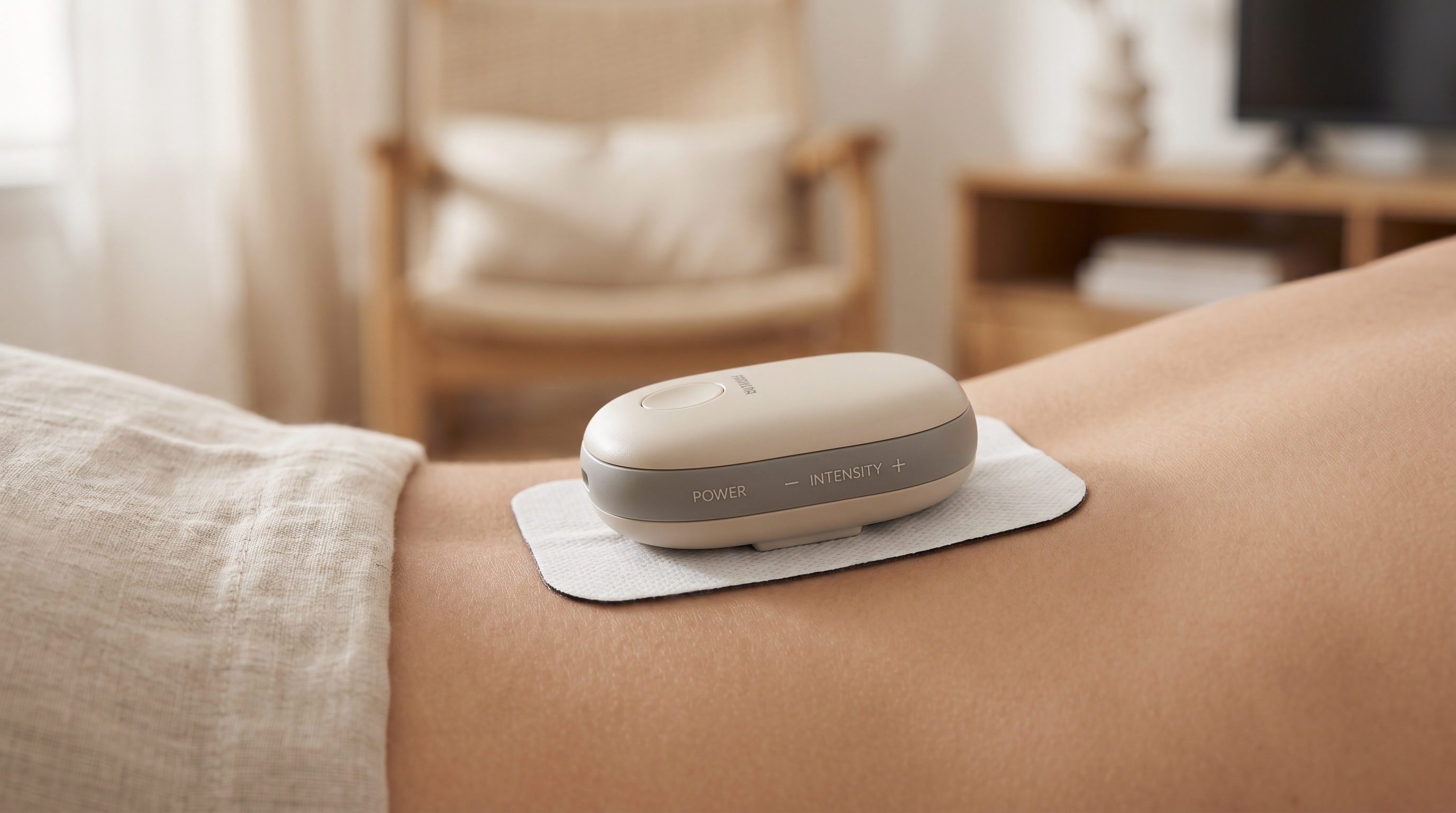 Close-up of wireless TENS pod attached to lower back electrode pad for pain relief