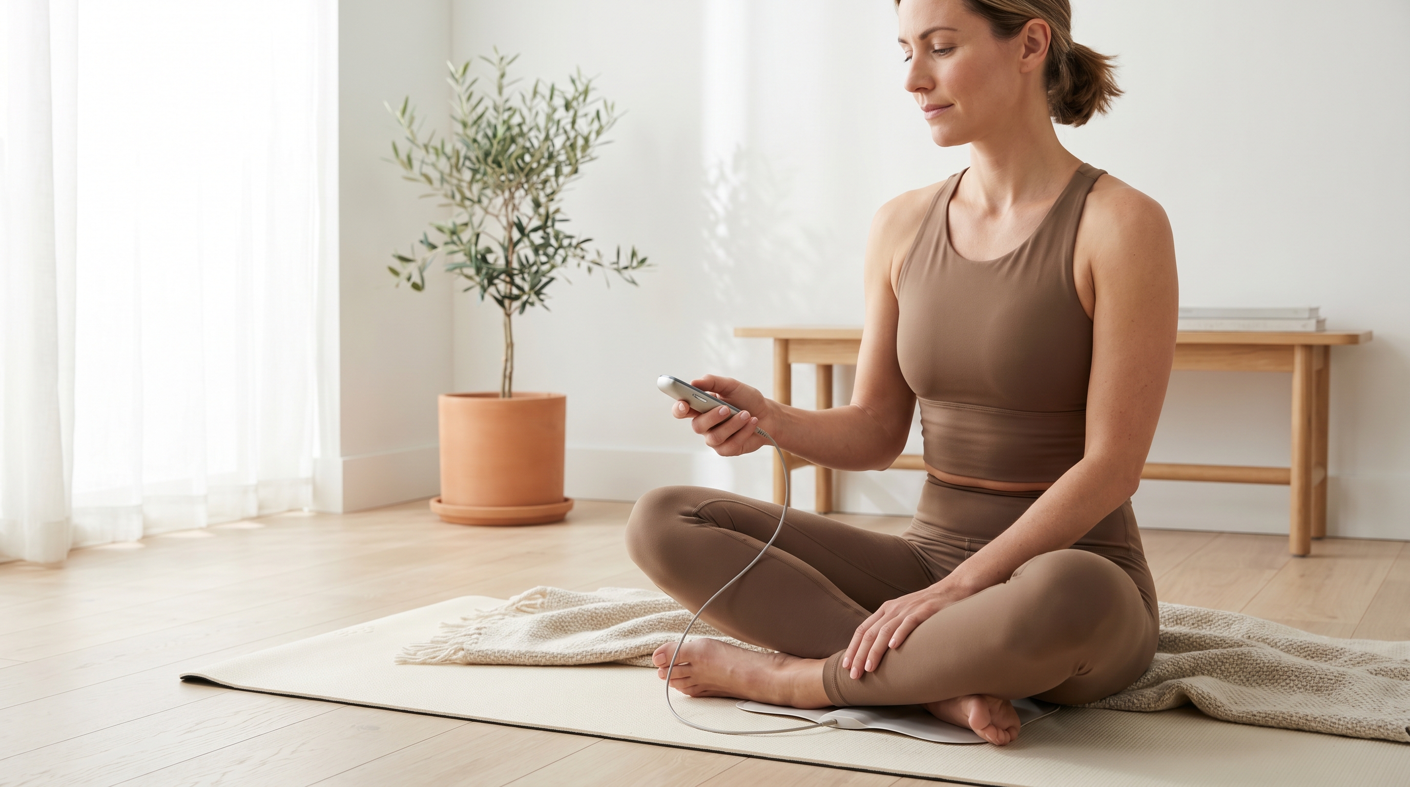 Woman performing EMS Kegel training at home with pelvic floor stimulation device